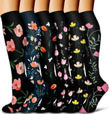 6Pairs Compression Socks for Women and Men - Best for Circulation, Running, Athletic, Recover, Nurse, Travel L/XL 06 Black Flower