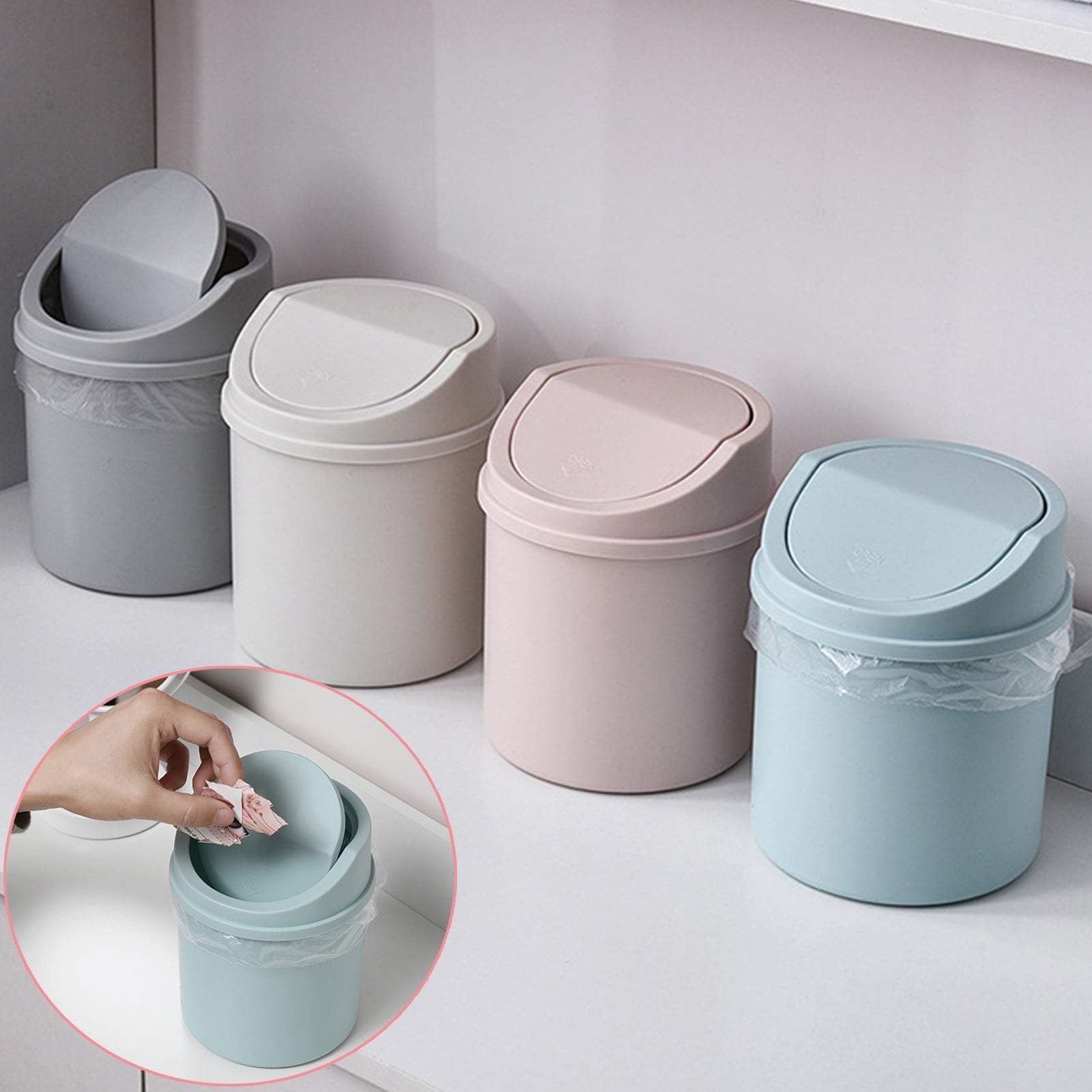 Walbest Desktop Mini Cute Trash Can with Swing Lid, Space Saving PP Plastic Cylindrical Tiny Garbage Can, Size: 6.69" x 5.12 Beige