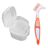 Denture Bath Case Cup Box Holder Storage Container with Denture Cleaner Brush Strainer Basket for Travel Cleaning White