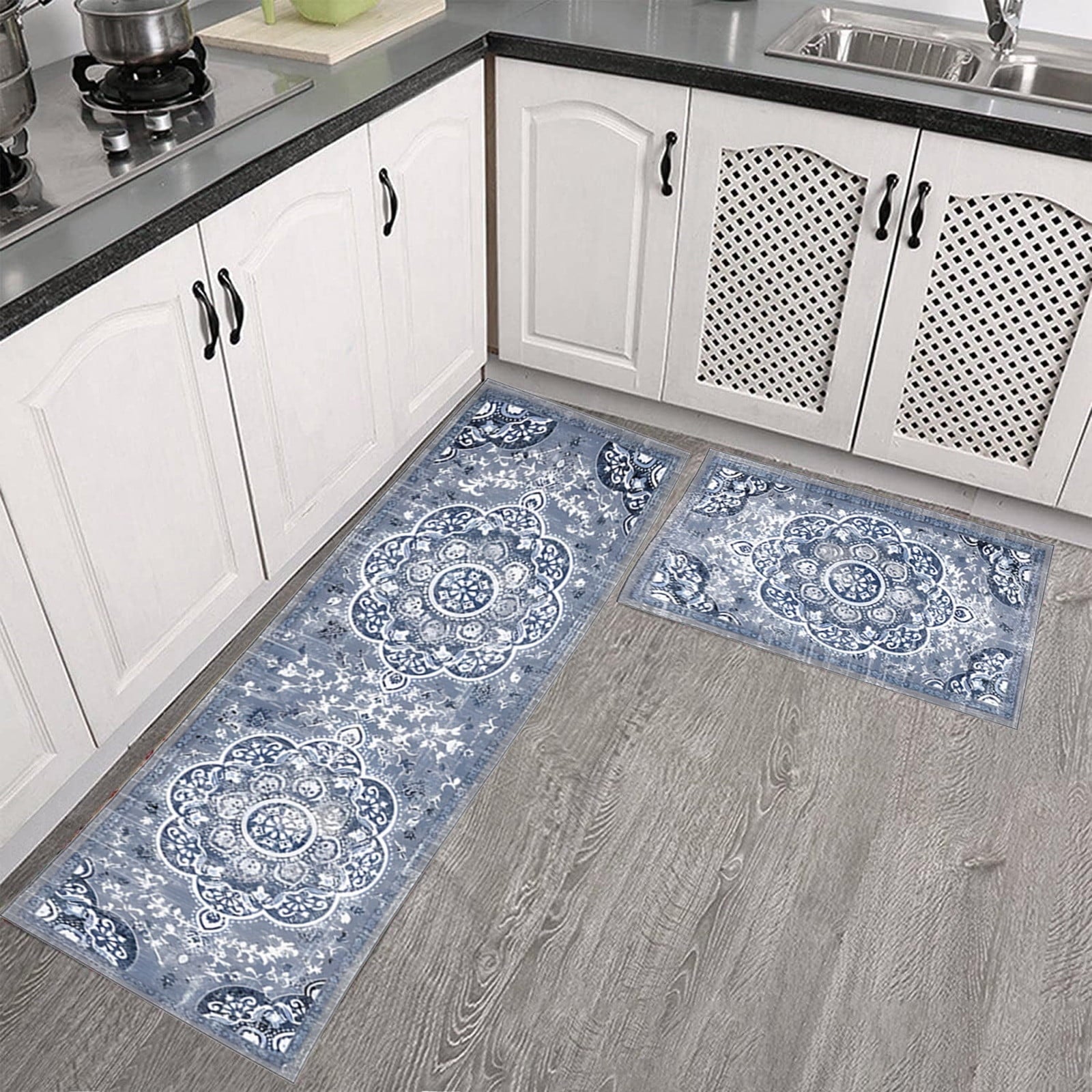 Tyidzon Kitchen Mats for Floor Set of 2 Pcs, Cushioned Non Slip Kitchen Rugs for Kitchen Floor, Absorbent Runner Comfort Standing Mats Washable for Kitchen, Office, Home (15"x47"+15"x23") Orange,Blue