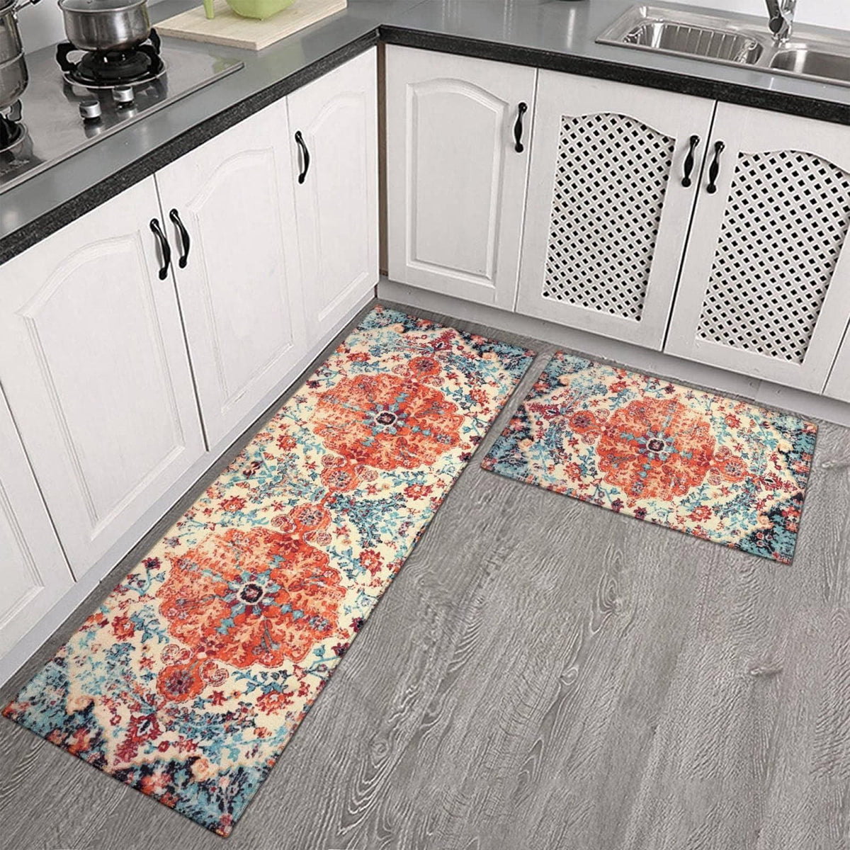 Tyidzon Kitchen Mats for Floor Set of 2 Pcs, Cushioned Non Slip Kitchen Rugs for Kitchen Floor, Absorbent Runner Comfort Standing Mats Washable for Kitchen, Office, Home (15"x47"+15"x23") Orange,Blue#3