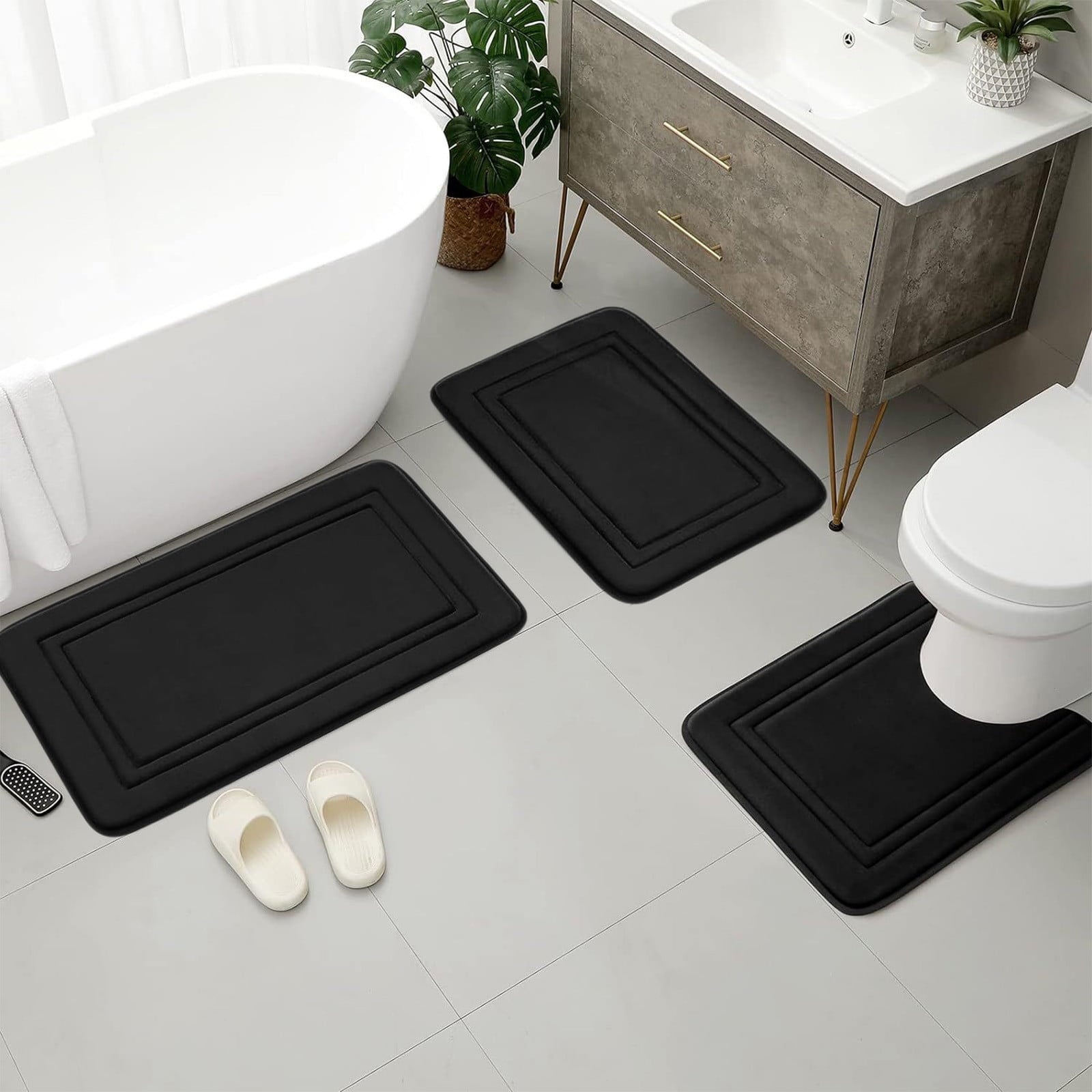 Tyidzon Bathroom Rugs Sets 3 Piece, Bath Mat Universal Soft Comfortable Water Absorption Non Slip Machine Washable Easy Dry Bathroom Mat, Gray Black