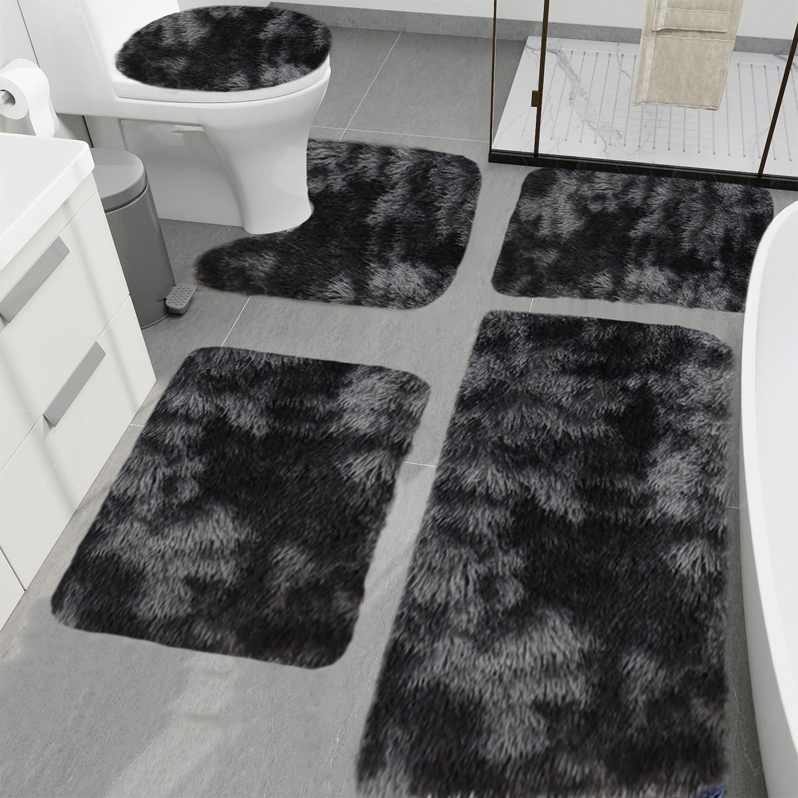 PALIFEUR Tie-Dye Bathroom Rugs Sets, Non-Slip Bath Mat Set 5 Piece, Soft Comfortable Washable Bathroom Mat Set, Quicker Dry Bathroom Rug with Toilet Rug Black