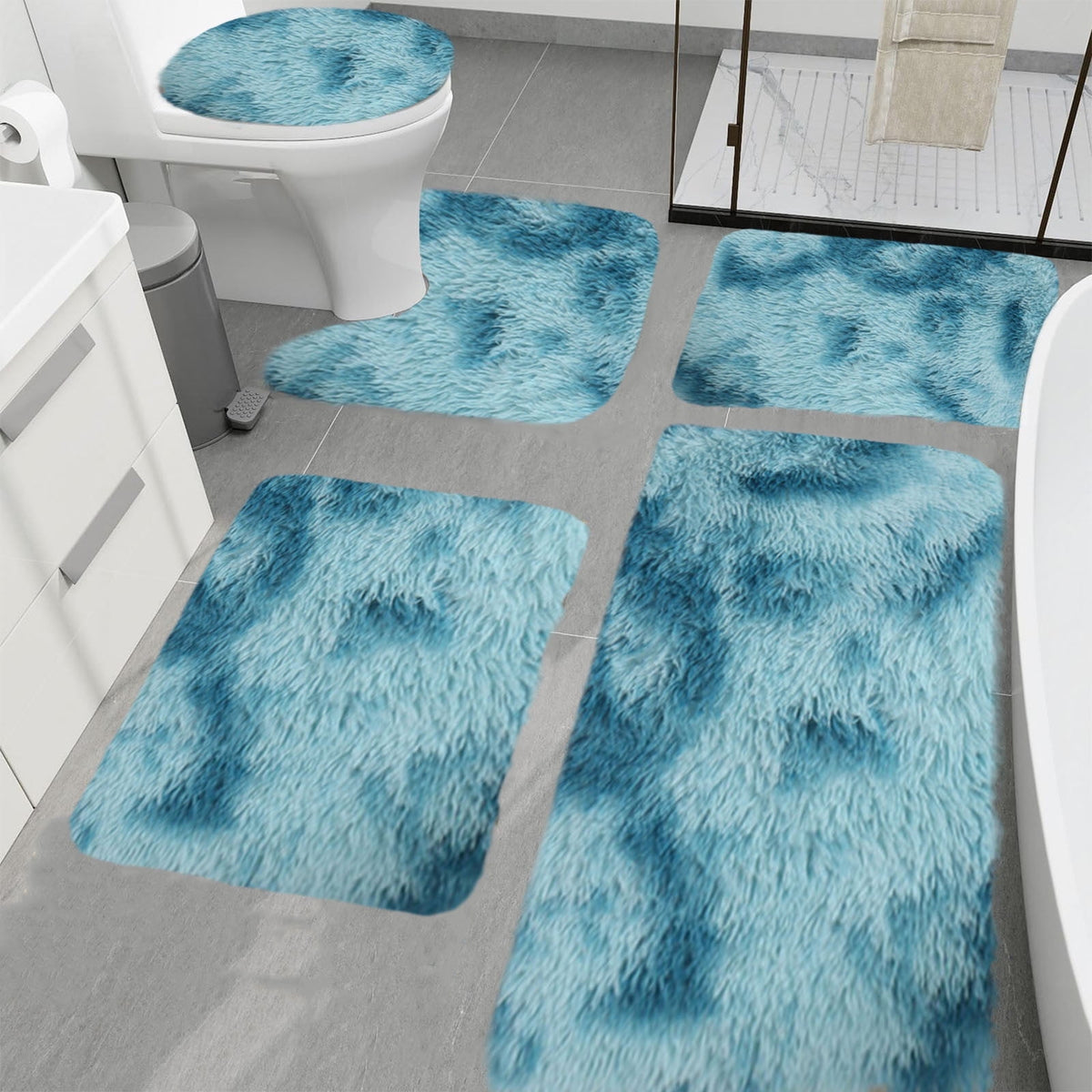 PALIFEUR Tie-Dye Bathroom Rugs Sets, Non-Slip Bath Mat Set 5 Piece, Soft Comfortable Washable Bathroom Mat Set, Quicker Dry Bathroom Rug with Toilet Rug Blue