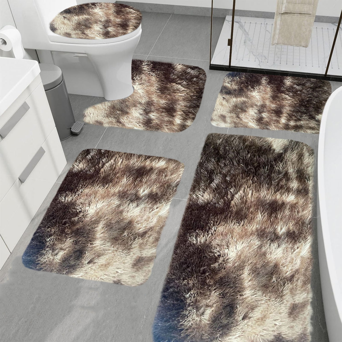 PALIFEUR Tie-Dye Bathroom Rugs Sets, Non-Slip Bath Mat Set 5 Piece, Soft Comfortable Washable Bathroom Mat Set, Quicker Dry Bathroom Rug with Toilet Rug Brown