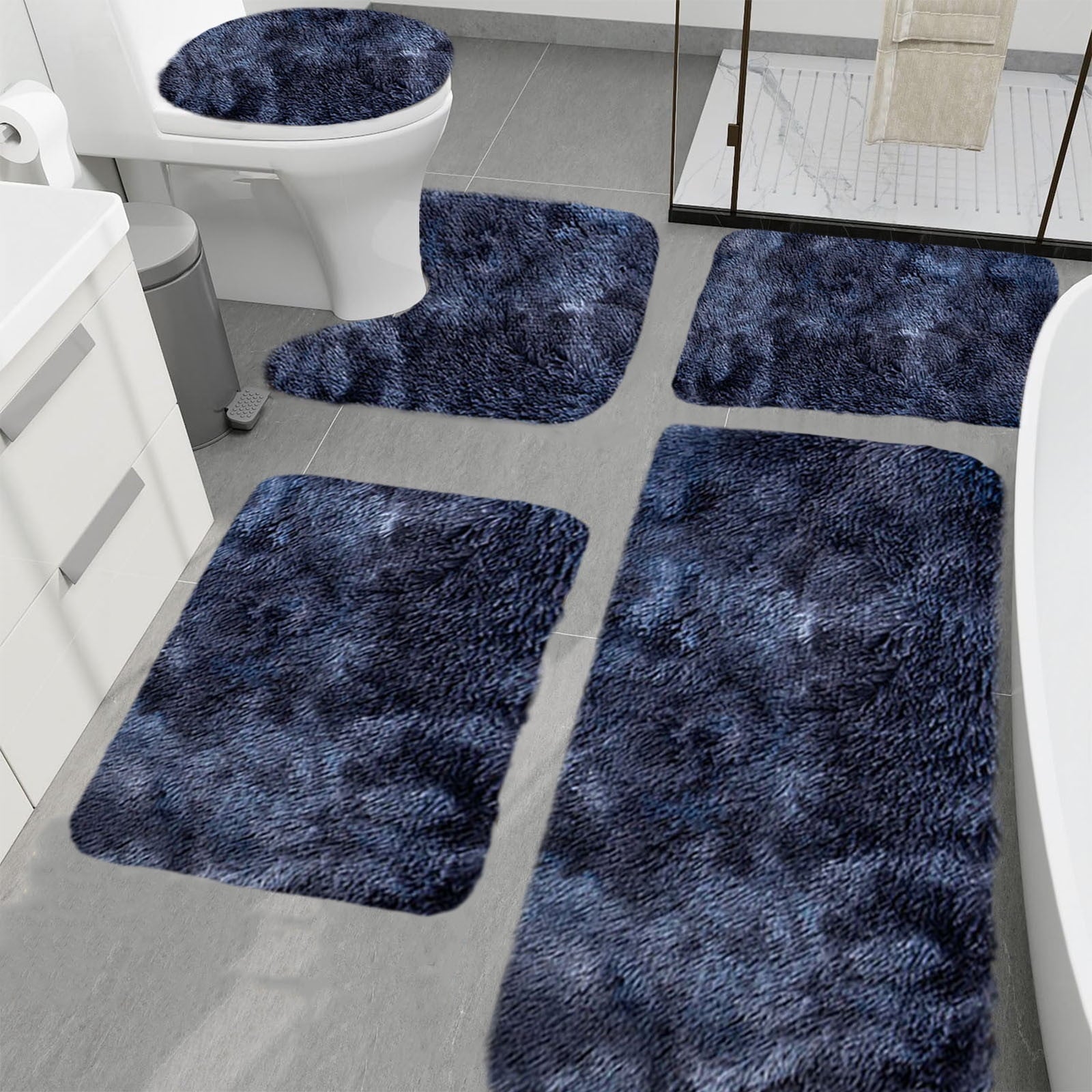 PALIFEUR Tie-Dye Bathroom Rugs Sets, Non-Slip Bath Mat Set 5 Piece, Soft Comfortable Washable Bathroom Mat Set, Quicker Dry Bathroom Rug with Toilet Rug Dark Blue