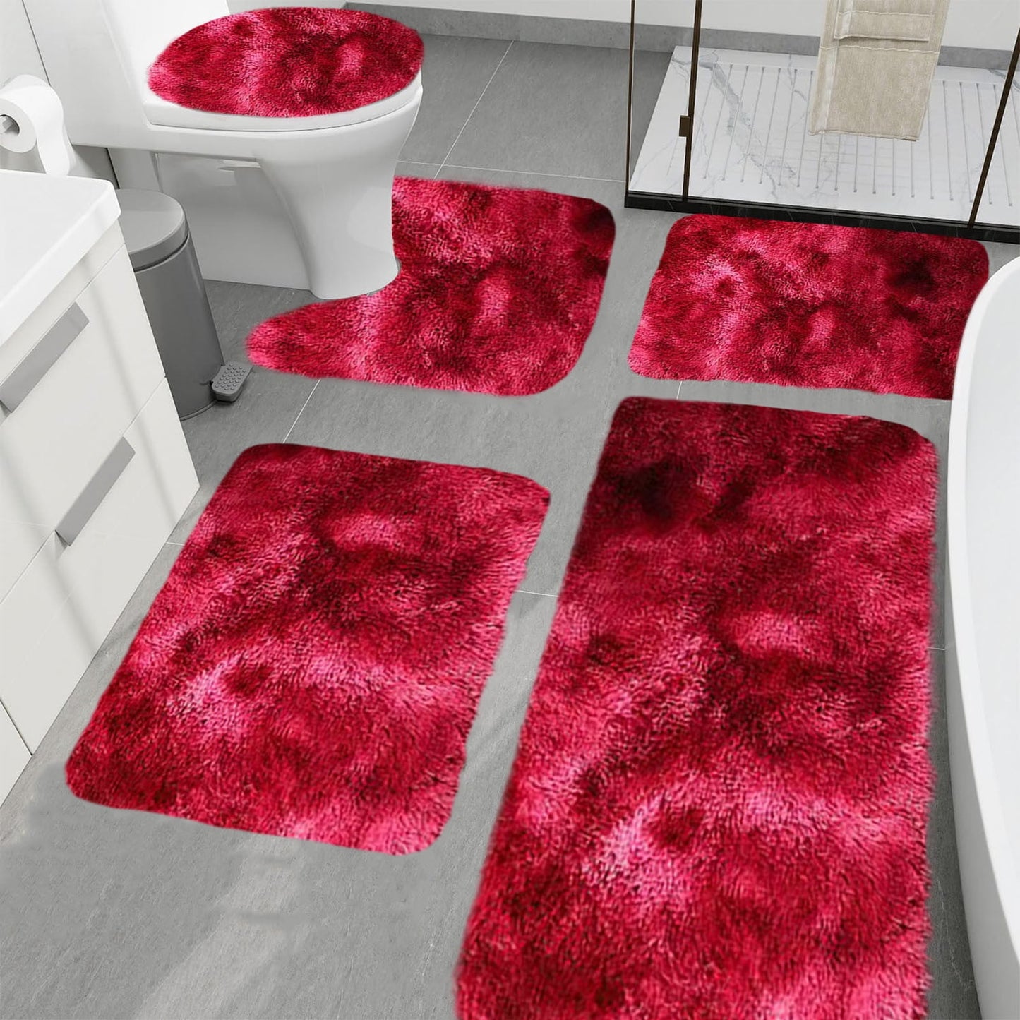 PALIFEUR Tie-Dye Bathroom Rugs Sets, Non-Slip Bath Mat Set 5 Piece, Soft Comfortable Washable Bathroom Mat Set, Quicker Dry Bathroom Rug with Toilet Rug Red