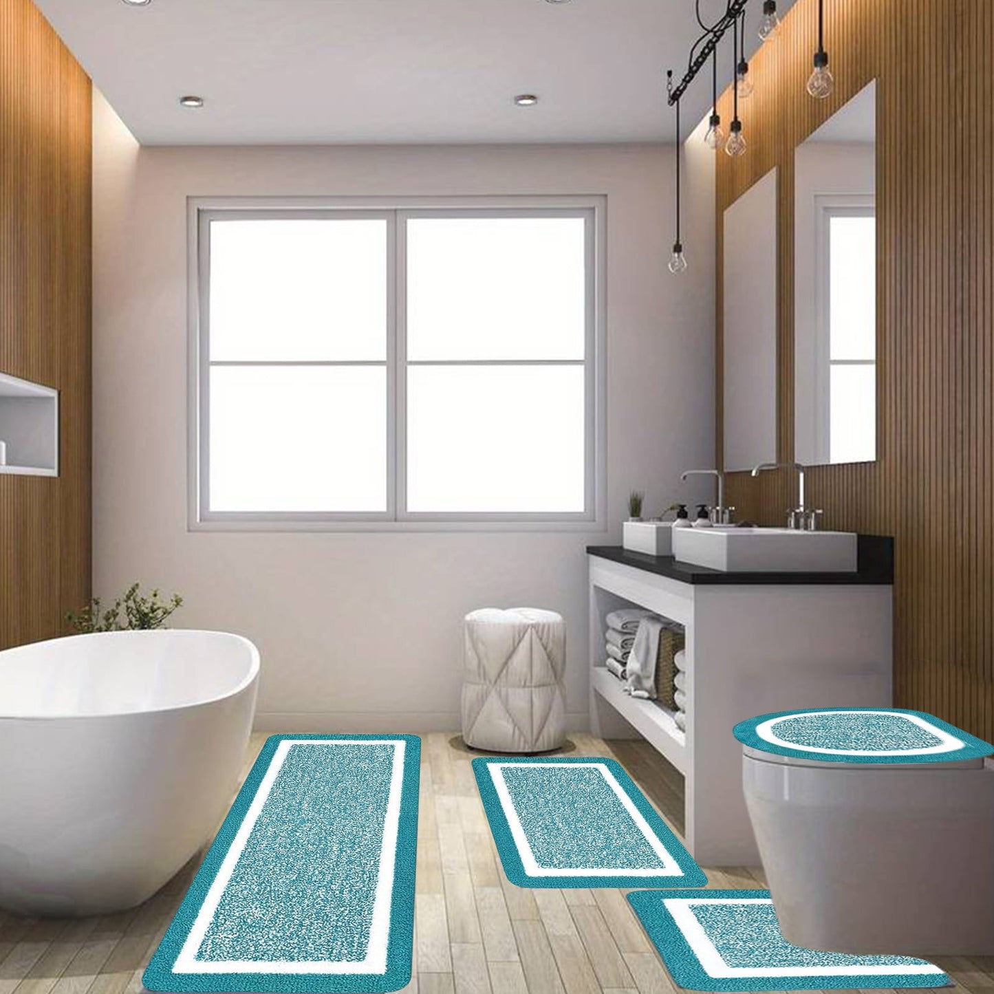 PALIFEUR Bathroom Rugs Sets, Non-Slip Bath Mat Set 4 Piece, Soft Comfortable Washable Bathroom Mat Set, Quicker Dry Bathroom Rug with Toilet Rug Blue