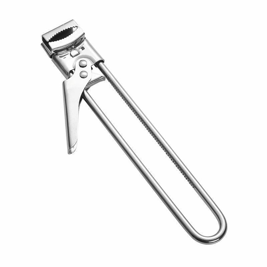 Adjustable stainless steel jar opener with non-slip teeth.