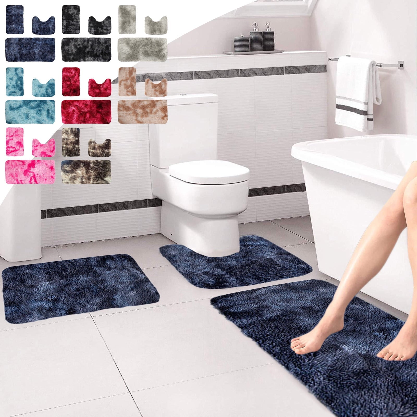 Tyidzon 5Pc Bath Mats for Bathroom, Quick-Dry Bathroom Rugs Sets Washable Non-Slip Bath Mat Ultra Soft Absorbent with U-Shaped Toilet for Bathroom, Tub, Shower, Gray 01-Blue