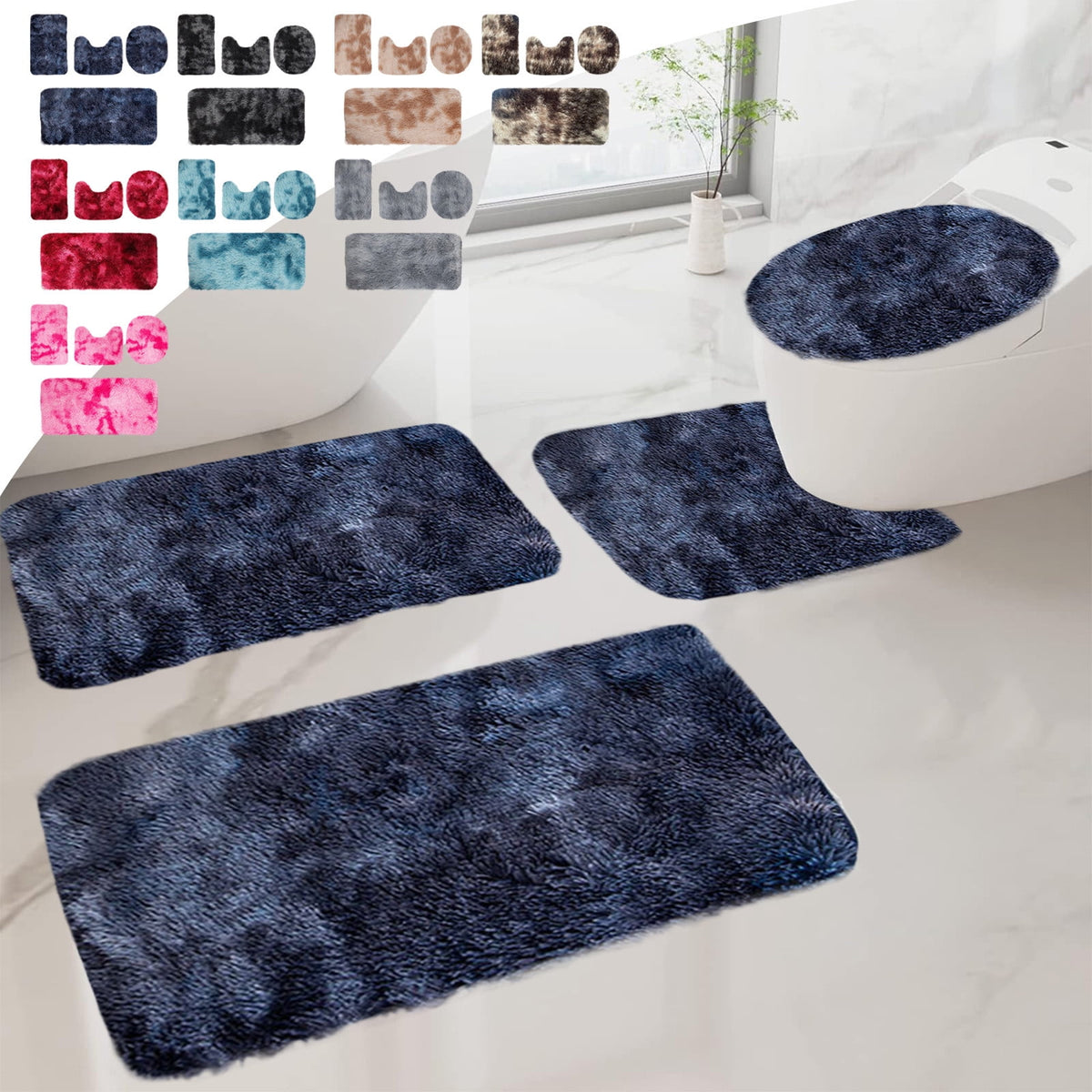 Tyidzon 5Pc Bath Mats for Bathroom, Quick-Dry Bathroom Rugs Sets Washable Non-Slip Bath Mat Ultra Soft Absorbent with U-Shaped Toilet for Bathroom, Tub, Shower, Gray 02-Blue