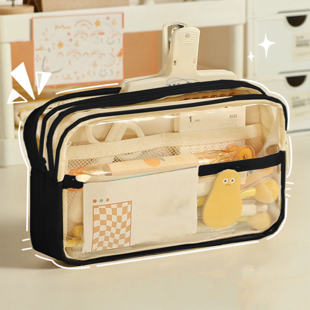 PALIFEUR Pencil Case Large Capacity Pencil Pouch, Multi-layer Aesthetic Pen Bag, Sturdy Multifunctional Pencil Bag, Pencil Box, Sky Blue Z-4-Black