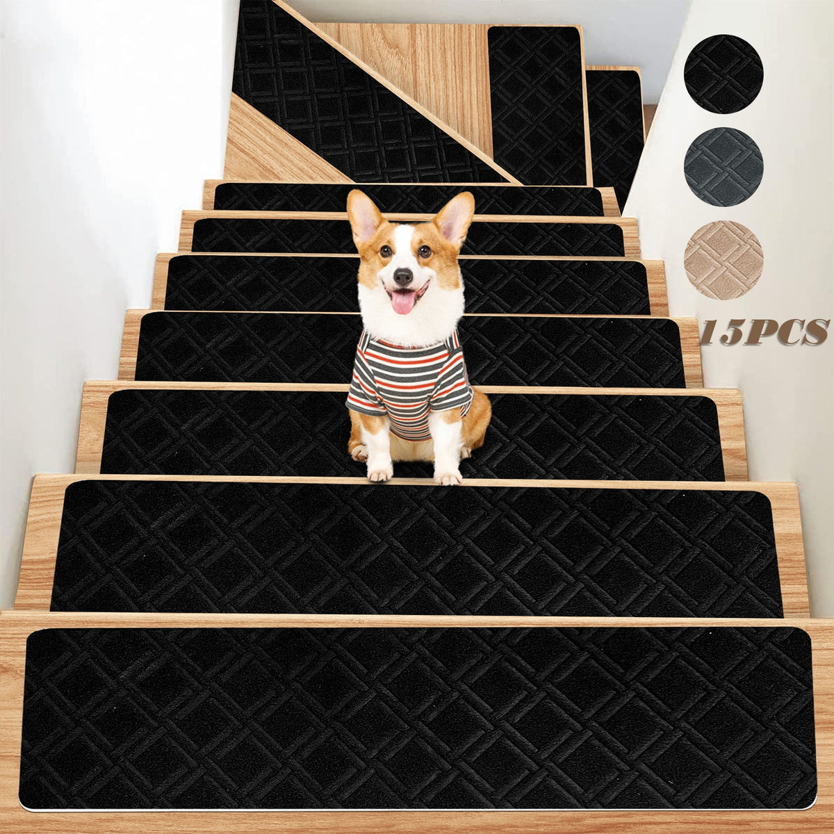 PALIFEUR Stair Treads for Wooden Steps, Soft Stair Treads, 8 x 30 Inch Reusable Carpet Stair Treads, Washable Stair Runners for Wooden Steps Non Slip Stair Rugs #12_Black