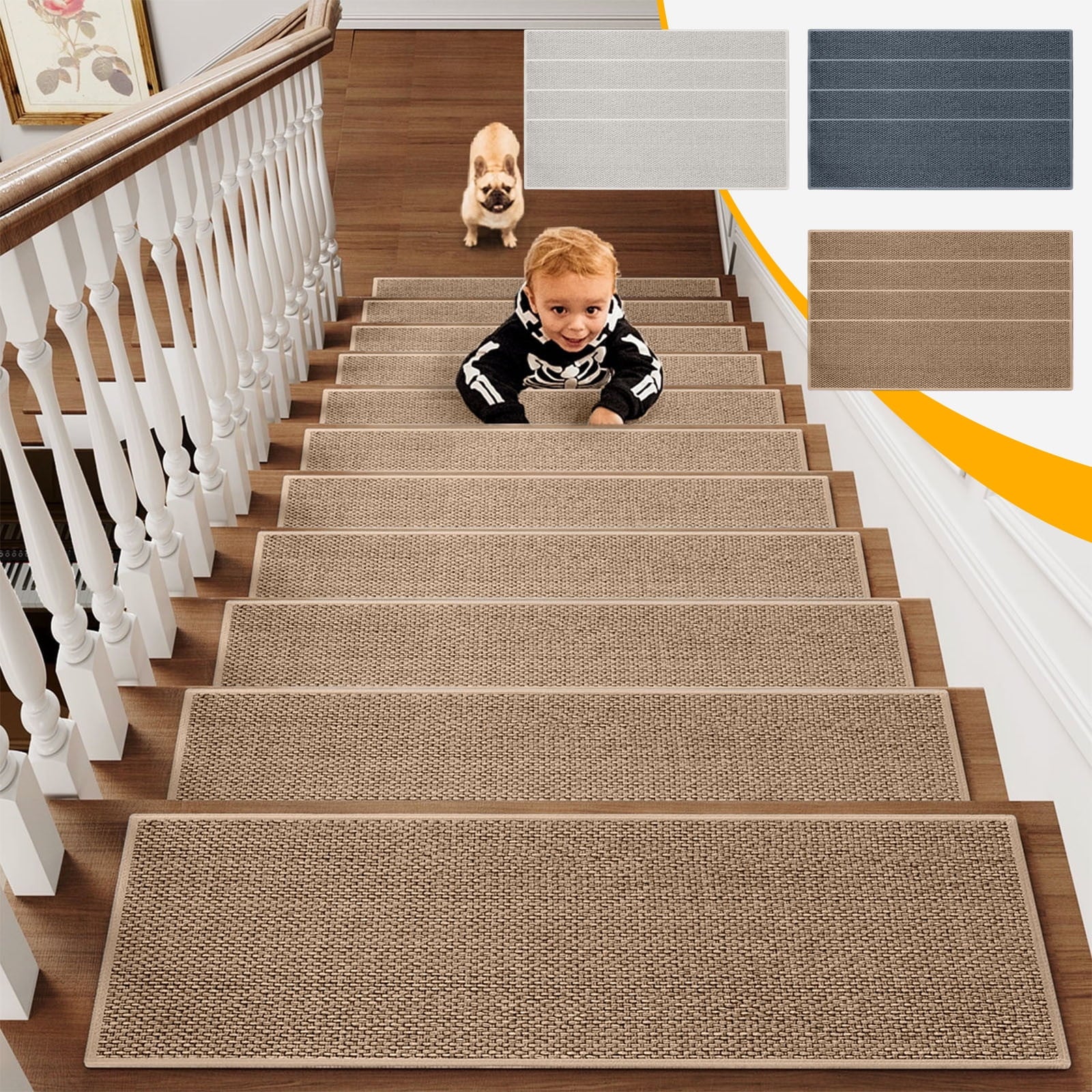 PALIFEUR Stair Treads for Wooden Steps, Soft Stair Treads, 8 x 30 Inch Reusable Carpet Stair Treads, Washable Stair Runners for Wooden Steps Non Slip Stair Rugs #5_Brown