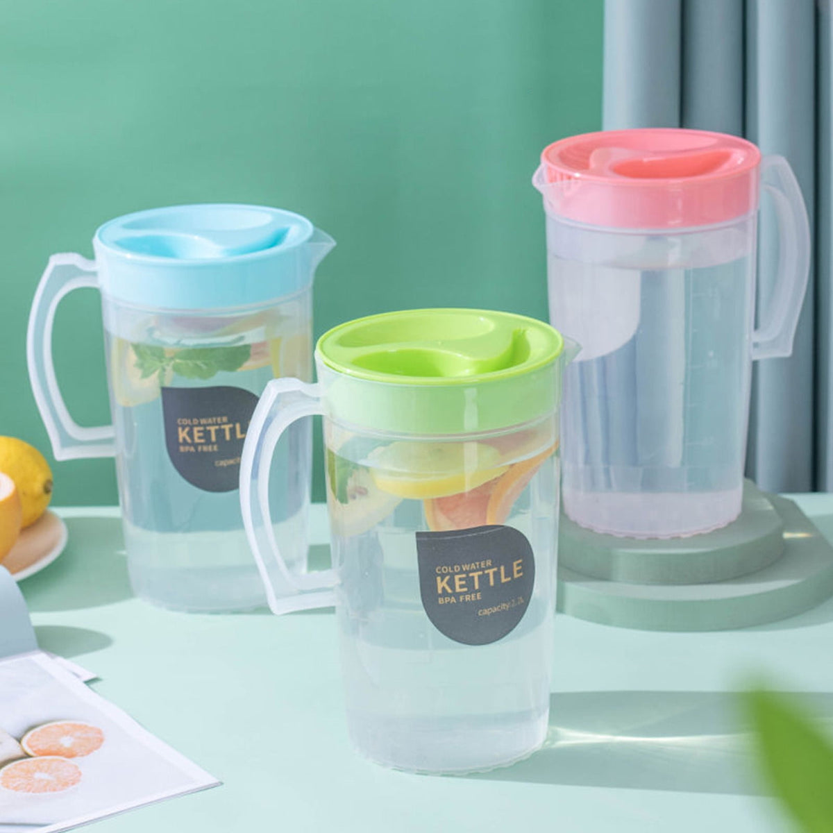 PALIFEUR Water Pitcher with Lid, 2.2 L Plastic Pitcher for Tea & Juice Water, Hot/Cold Water Jug, Tea Pitcher, Juice Pitcher for Kitchen Living Room, 8.74" x 5.52 Pink