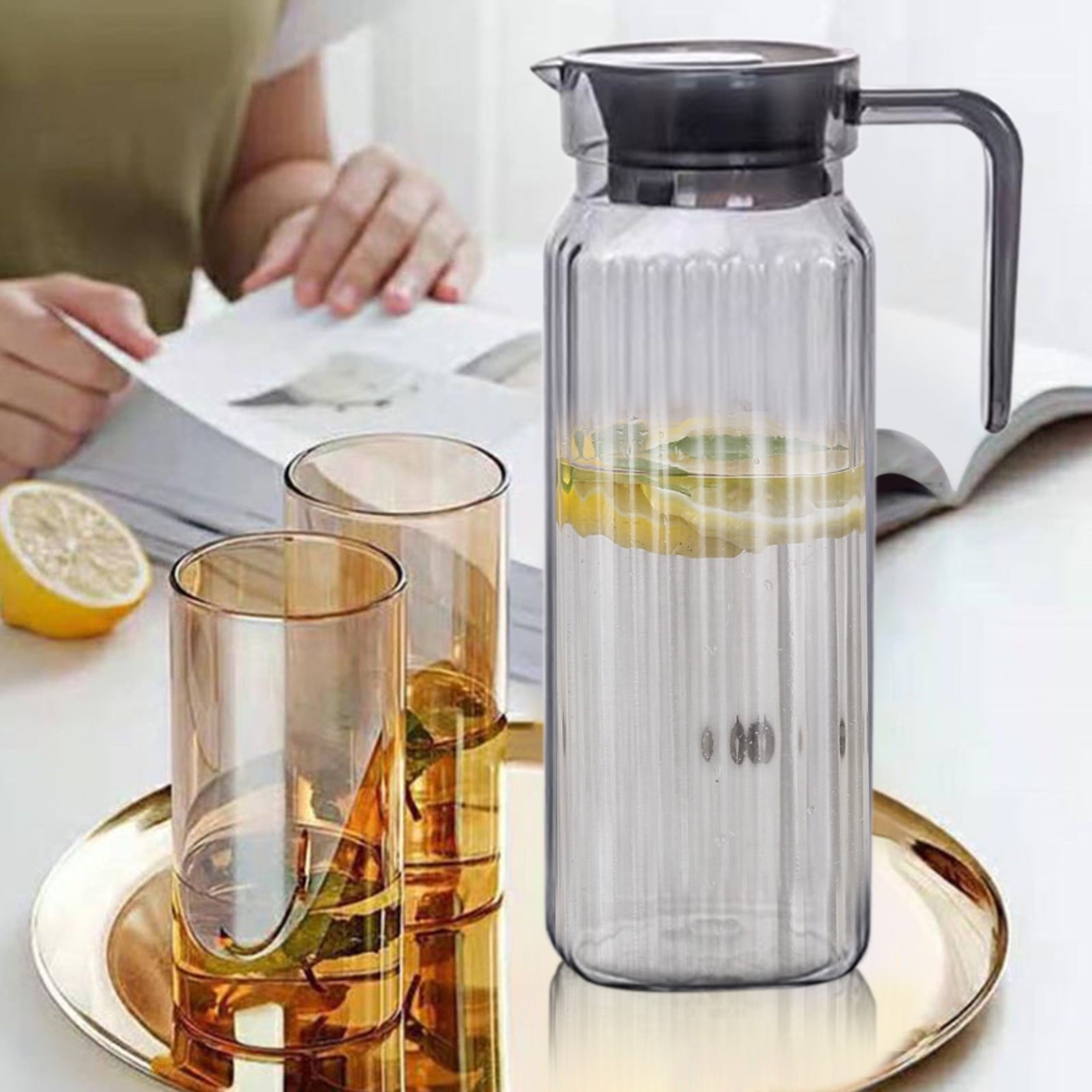 PALIFEUR Water Pitcher with Lid, 2 L Plastic Pitcher for Tea & Juice Water, Hot/Cold Water Jug, Tea Pitcher, Juice Pitcher, 13.5 x 7.2 x 4.7 Inch Z-3-Gray