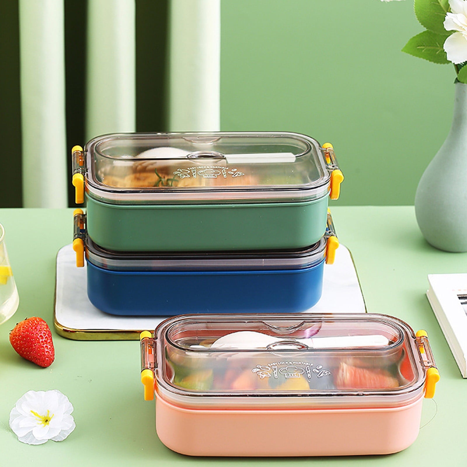 Xuniizn Bento Box Adult Lunch Box, Containers for Adults Men Women, Lunchable Food Container with Utensils, Sauce Jar, Muffin Liners, Microwave & Dishwasher Safe Pink#6