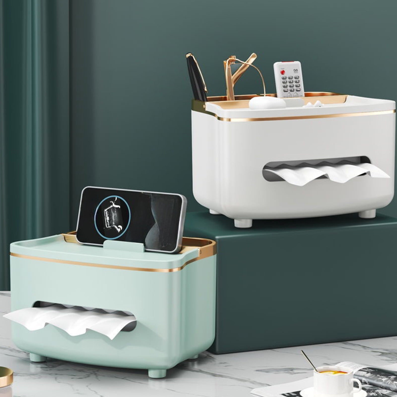 Xuniizn Tissue Box Cover Square 6x4x5" - Acrylic Tissue Box Holder, Elegant Tissue Holder & Napkin Dispenser for Home - Modern Kleenex Box Covers for Office, Restaurant, Gold White(8.46x6.1x4.92")