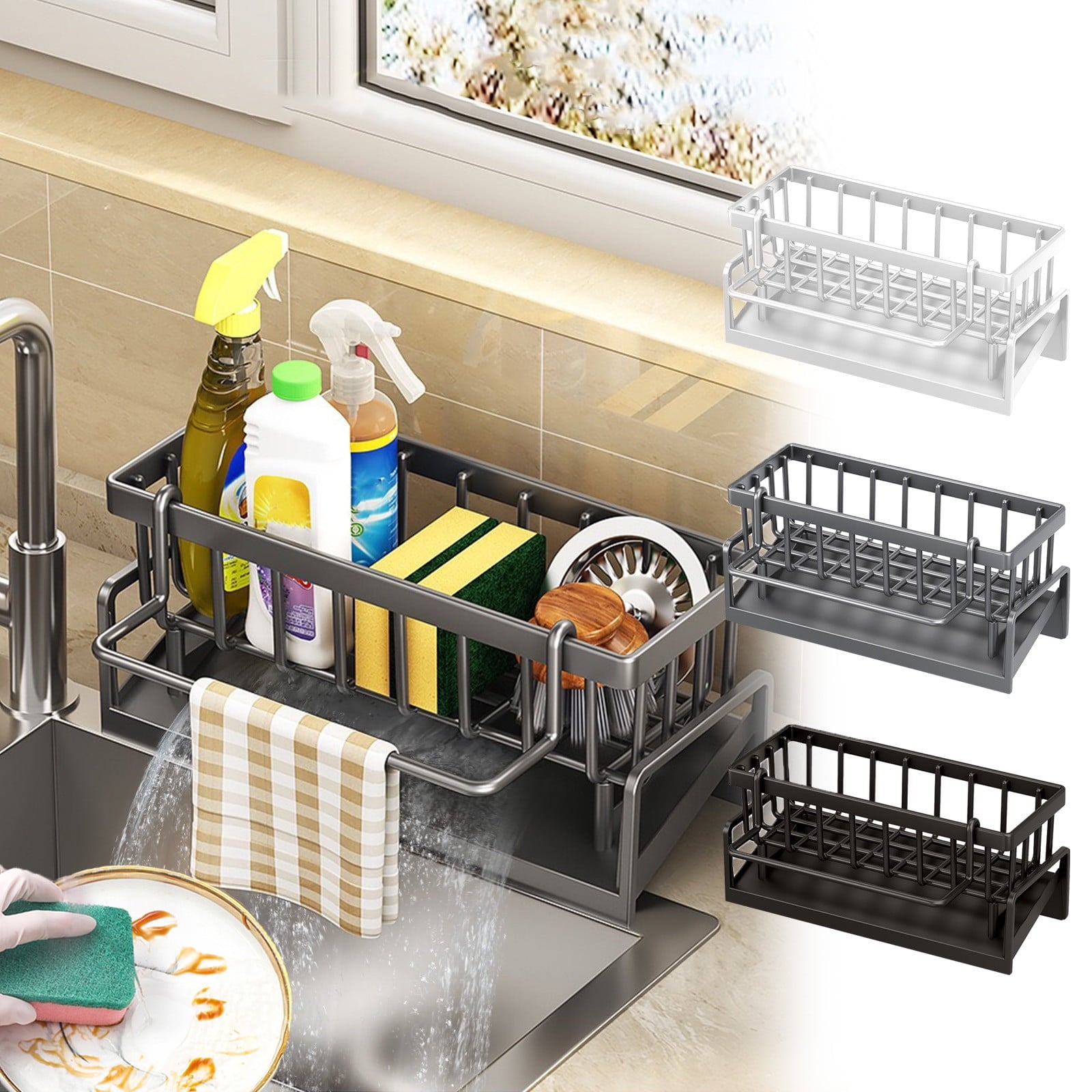 PALIFEUR Sponge Holder for Kitchen Sink, Kitchen Sink Organizer Rustproof 304 Stainless Steel Detachable Dishcloth Rack Sink Caddy, Kitchen Sponge Holder Bathroom Organizer Brush Holder Storage White