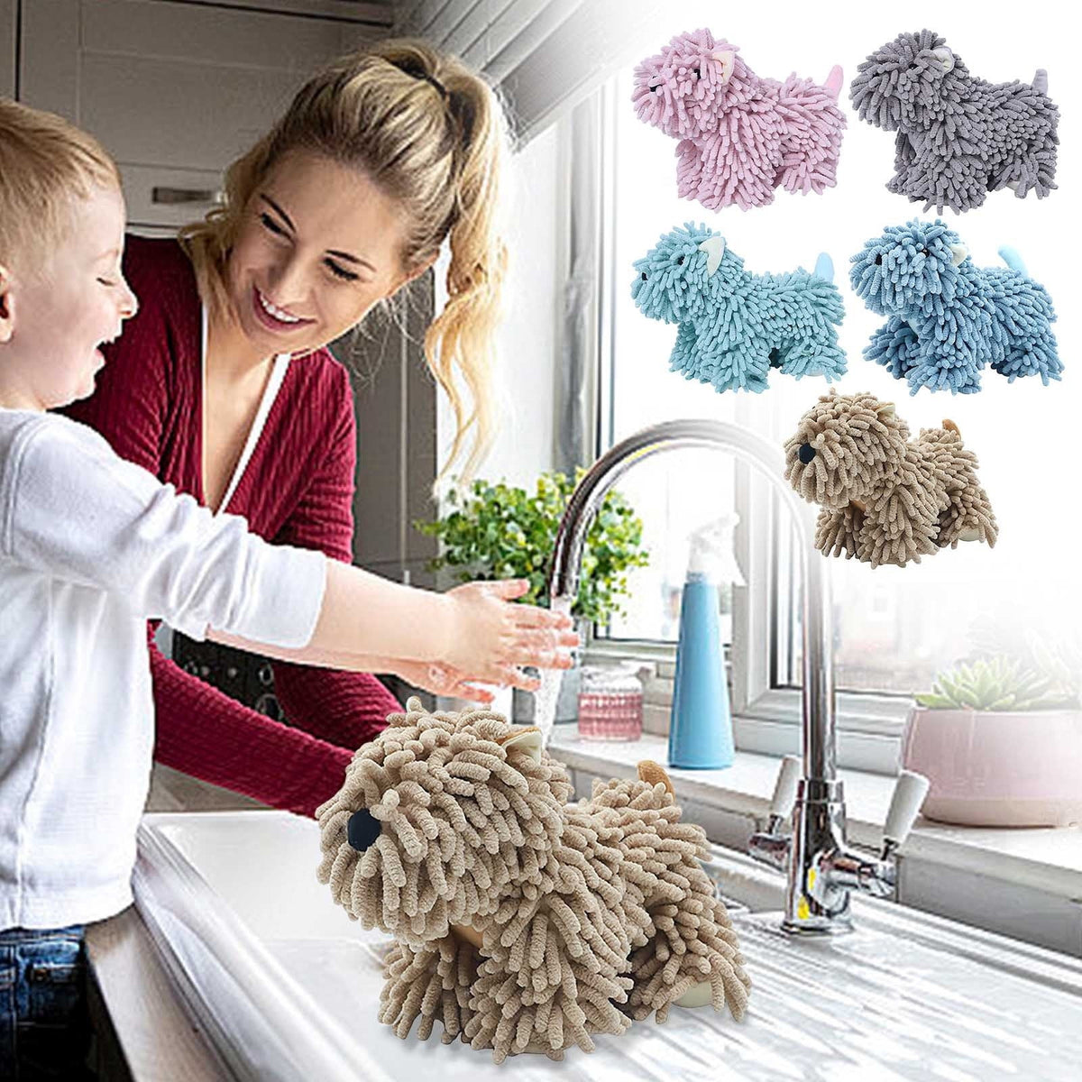 PALIFEUR Hangable Towels Cute Dog Hand Towels, Highly Absorbent Kitchen Towels Soft Thicker Hand Towels for Bathroom Funny Cartoon Gifts for Women Kitchen Bathroom Decor, Blue Pink