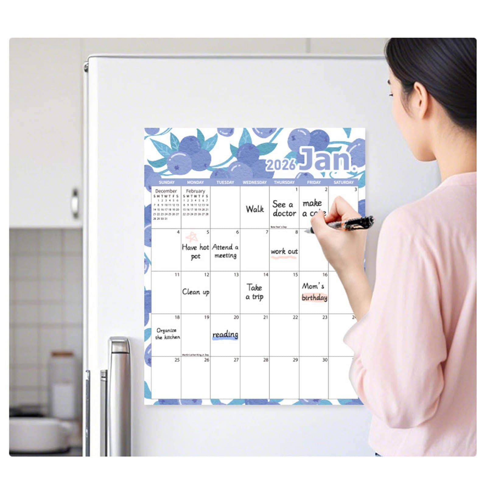 Tyidzon Magnetic Calendar for Refrigerator 2026-2027, 12x10" 18 Month Runs Monthly Fridge Calendar Magnet from Jan 2026 to Jun 2027 for Home School Office Blueberry