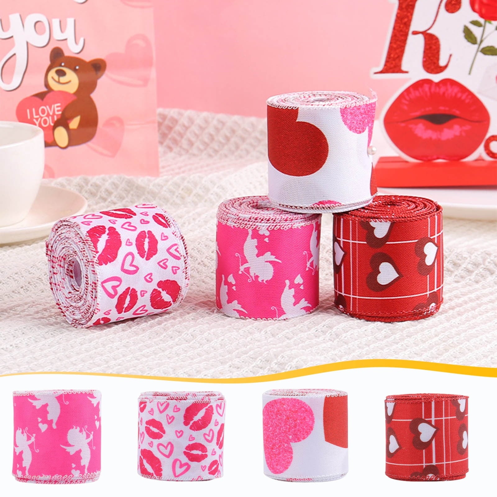 Wzzjkit Valentine Wired Ribbon Heart Love Themed Fabric Ribbons for Gifts Wrapping Crafts Wreath Bow Decorations C
