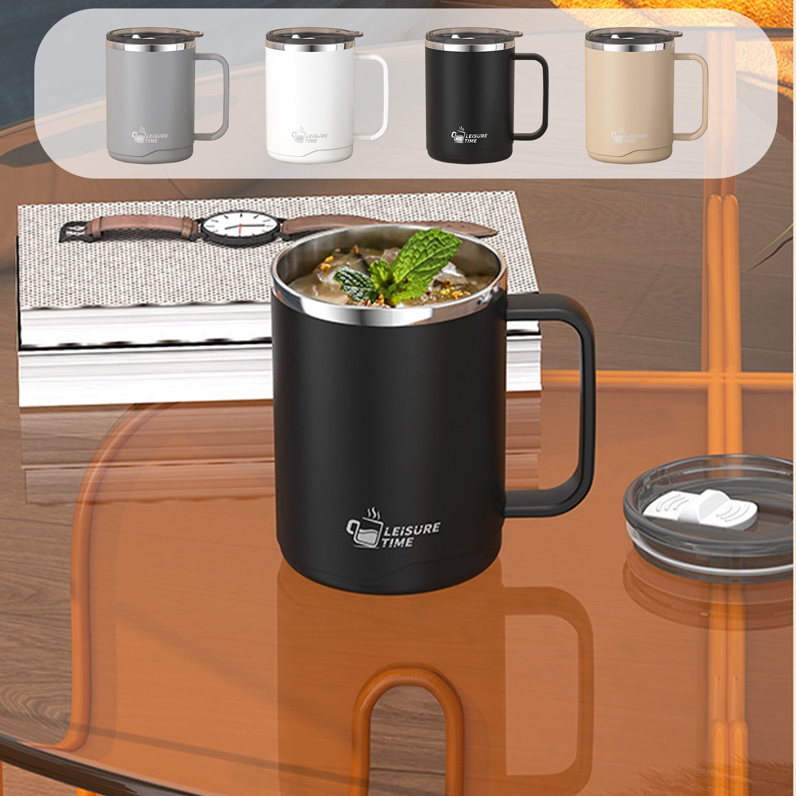 Insulated Coffee Mug with Handle & Lid - 17oz Stainless Steel Travel Tumbler, Double Wall Vacuum (Black) by PALIFEUR 02_【Limited Time Offer】 Upgraded Double-Wall Insulated Coffee Mug