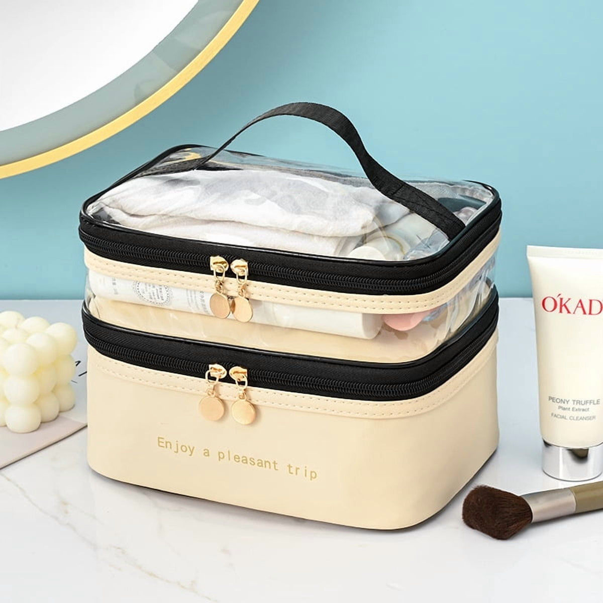 Meiyuuo Makeup Bag Cosmetic Bag Travelling Double Layer Make Up Bag Organizer Medium Case for Women Girls Reusable Toiletry Bags(Blue) Beige