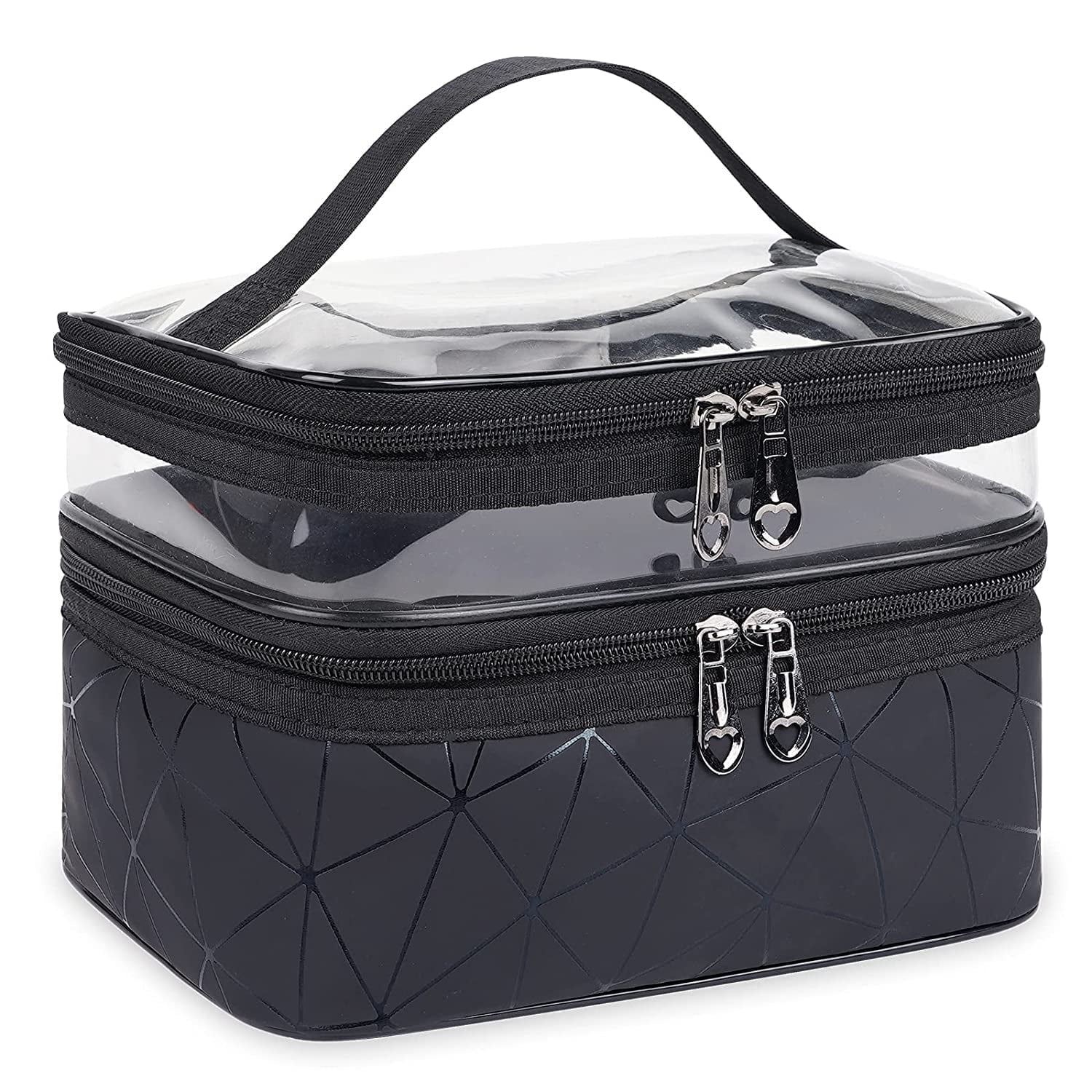 Meiyuuo Makeup Bag Cosmetic Bag Travelling Double Layer Make Up Bag Organizer Medium Case for Women Girls Reusable Toiletry Bags(Blue) Black
