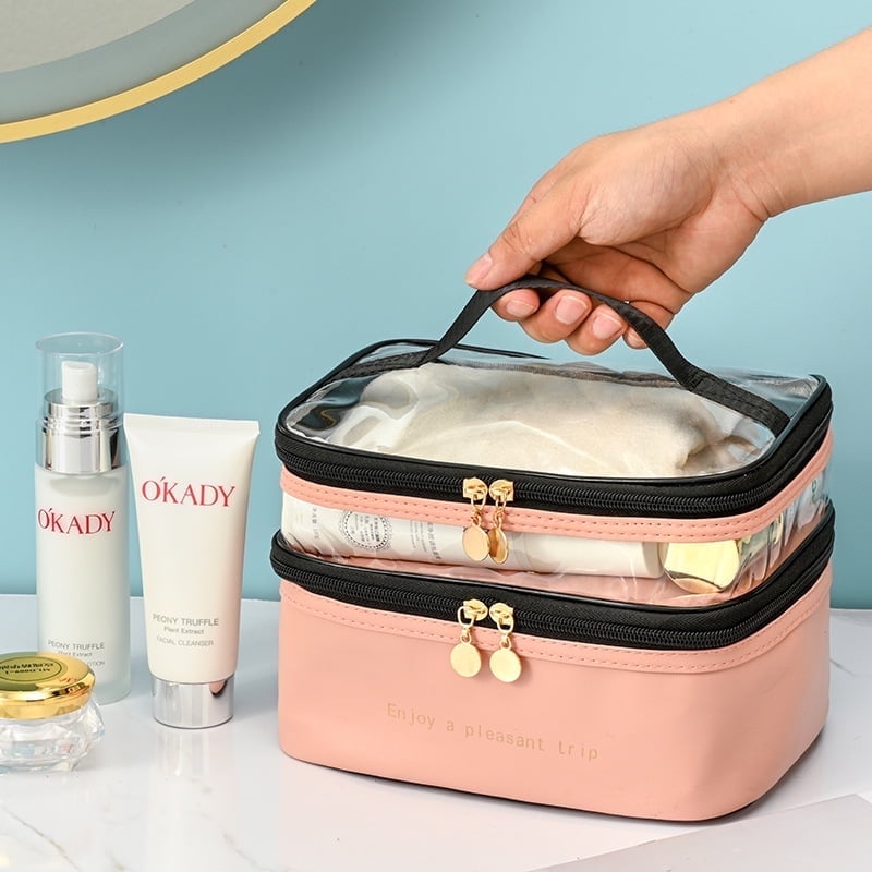 Meiyuuo Makeup Bag Cosmetic Bag Travelling Double Layer Make Up Bag Organizer Medium Case for Women Girls Reusable Toiletry Bags(Blue) Light Pink