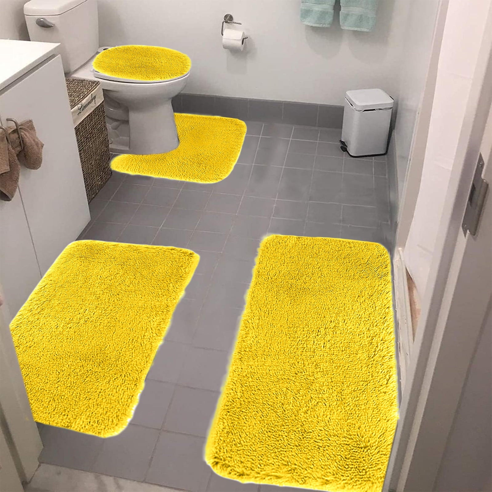 Under $5 Tyidzon Bathroom Rugs Solid Color Bath Mats 3 Set Bath Mats for bathroom Toilet Mats Universal Soft Comfortable Water Absorption Non-Slip Thick Machine Washable Easier to Dry AYellow 2