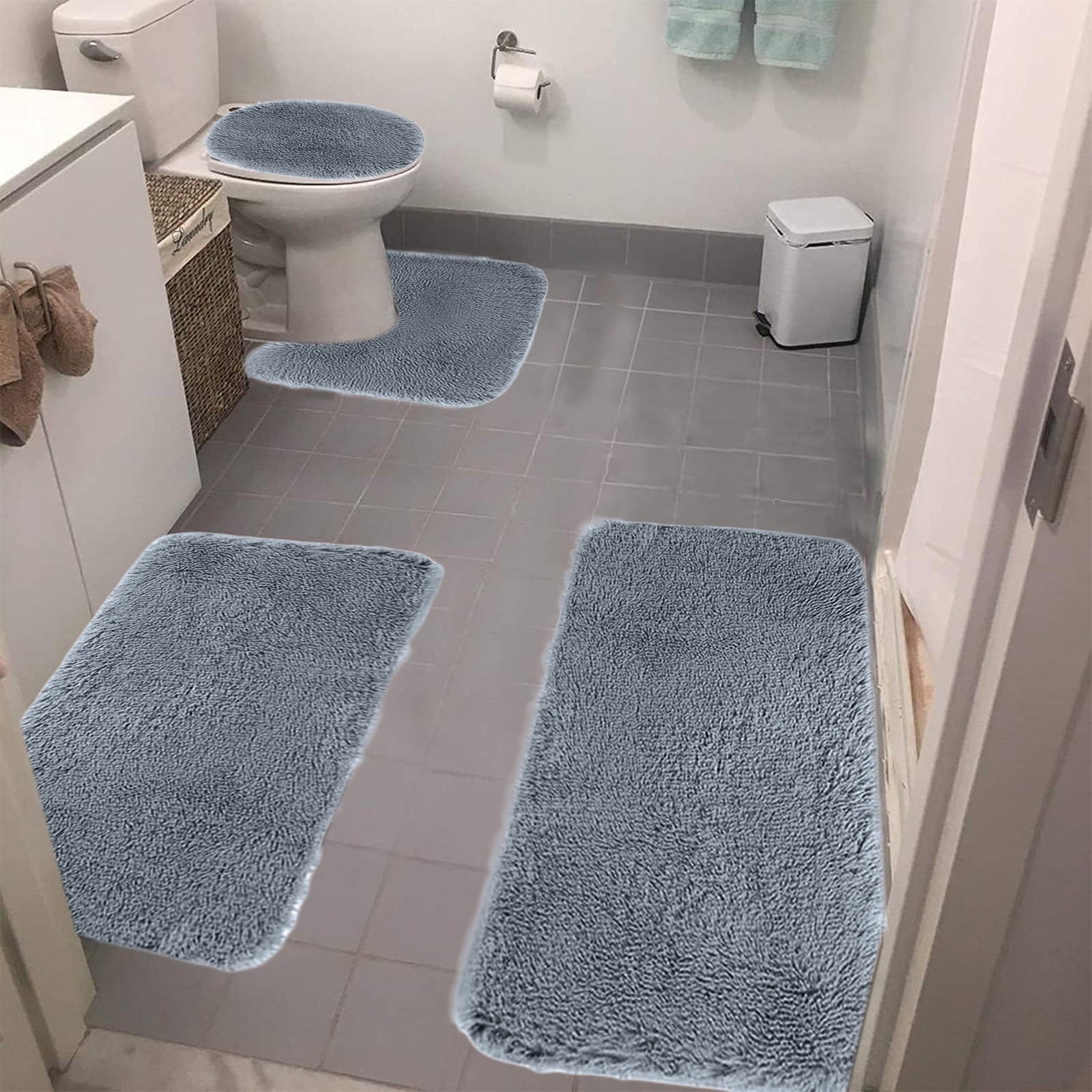 Under $5 Tyidzon Bathroom Rugs Solid Color Bath Mats 3 Set Bath Mats for bathroom Toilet Mats Universal Soft Comfortable Water Absorption Non-Slip Thick Machine Washable Easier to Dry BDark Gray 2
