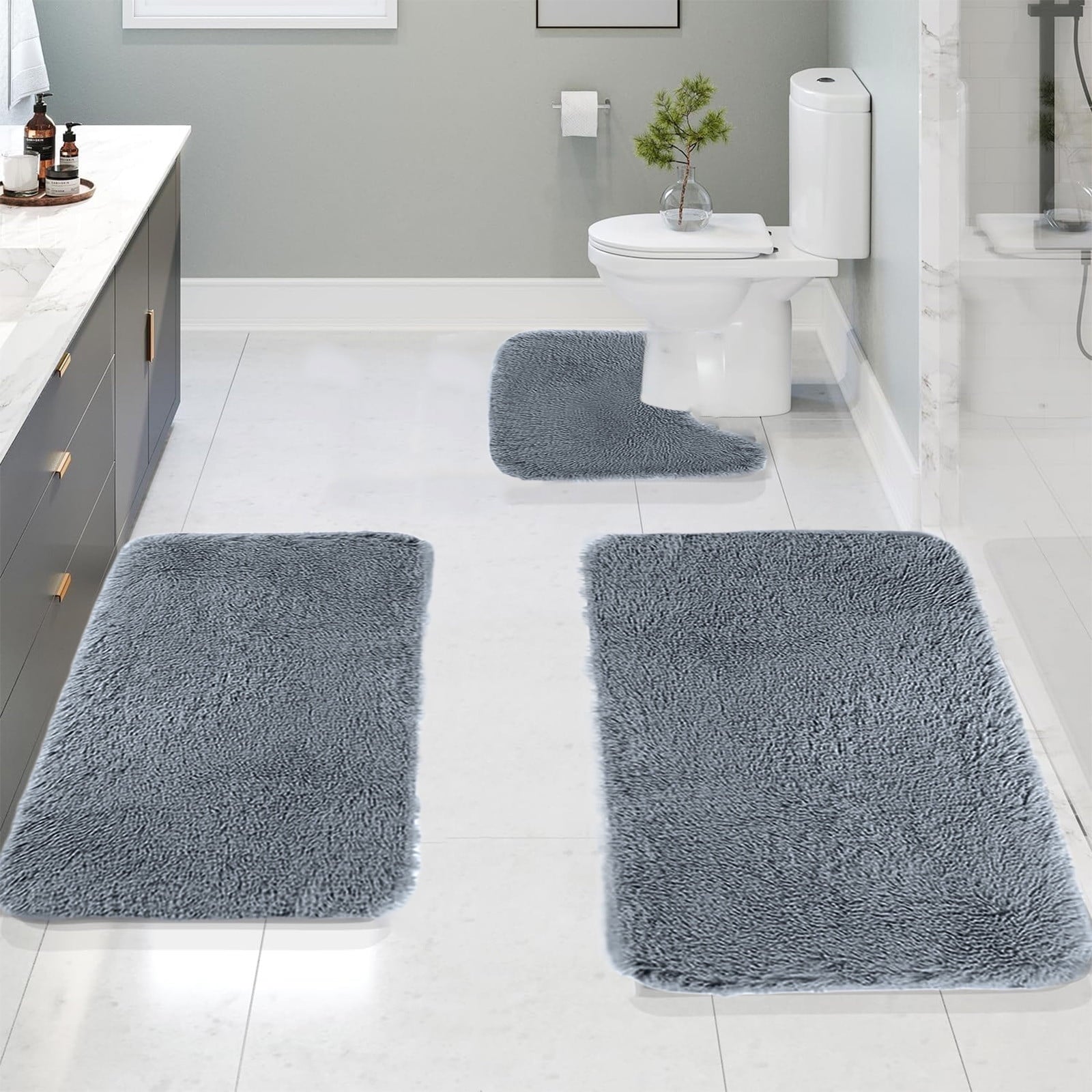 Under $5 Tyidzon Bathroom Rugs Solid Color Bath Mats 3 Set Bath Mats for bathroom Toilet Mats Universal Soft Comfortable Water Absorption Non-Slip Thick Machine Washable Easier to Dry BDrak Gray