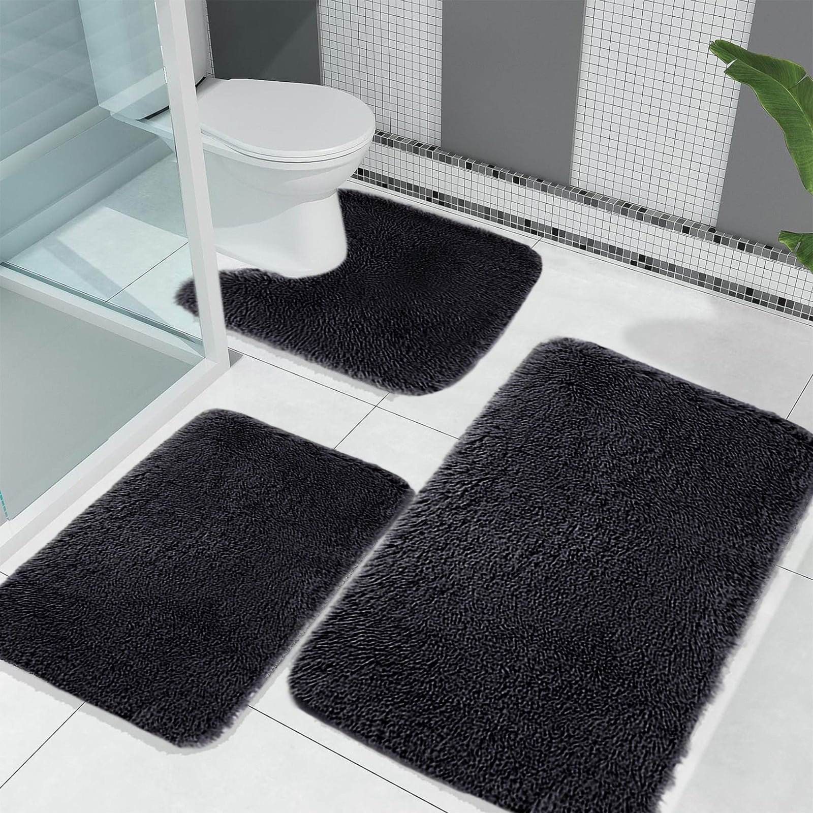 Under $5 Tyidzon Bathroom Rugs Solid Color Bath Mats 3 Set Bath Mats for bathroom Toilet Mats Universal Soft Comfortable Water Absorption Non-Slip Thick Machine Washable Easier to Dry Black