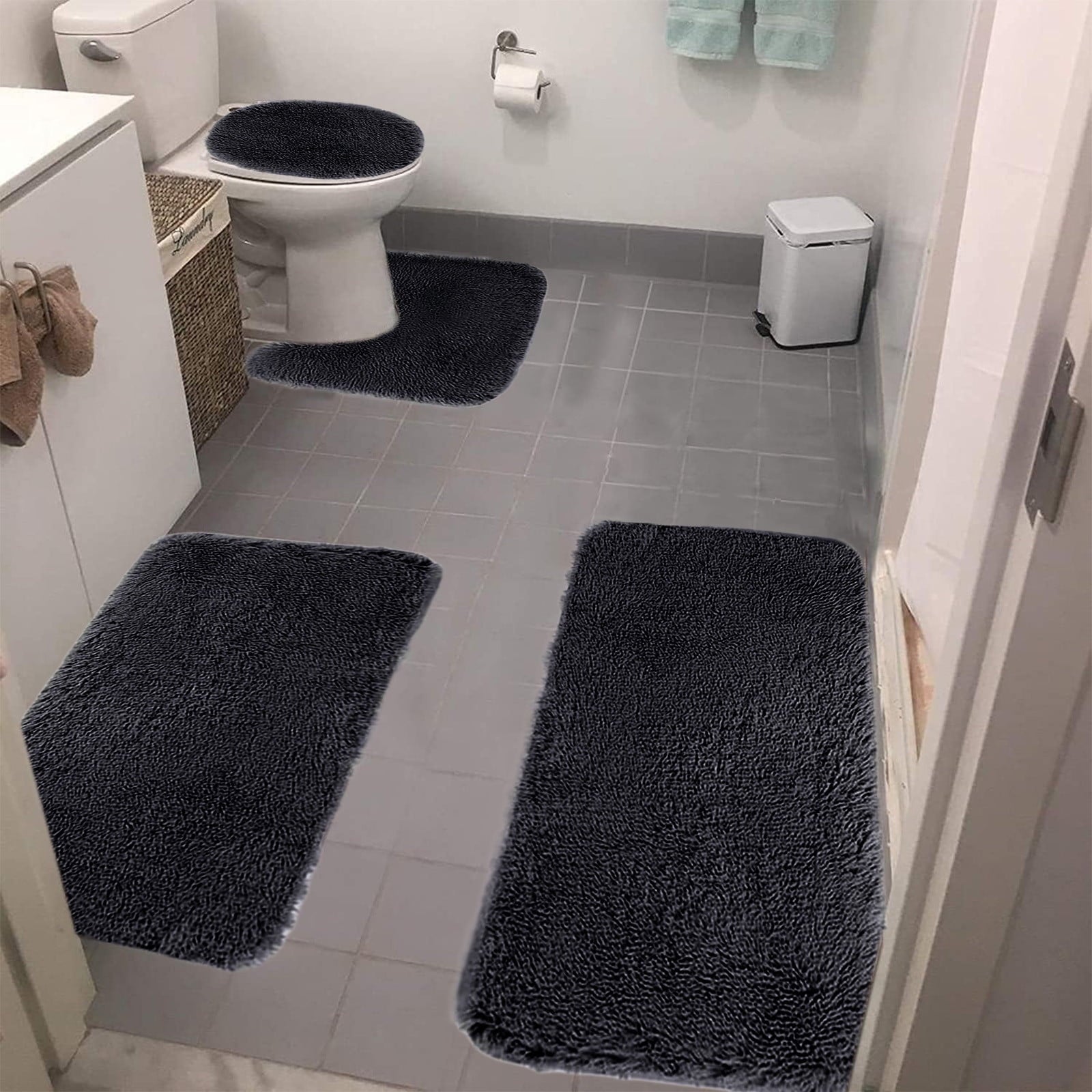 Under $5 Tyidzon Bathroom Rugs Solid Color Bath Mats 3 Set Bath Mats for bathroom Toilet Mats Universal Soft Comfortable Water Absorption Non-Slip Thick Machine Washable Easier to Dry Black 2