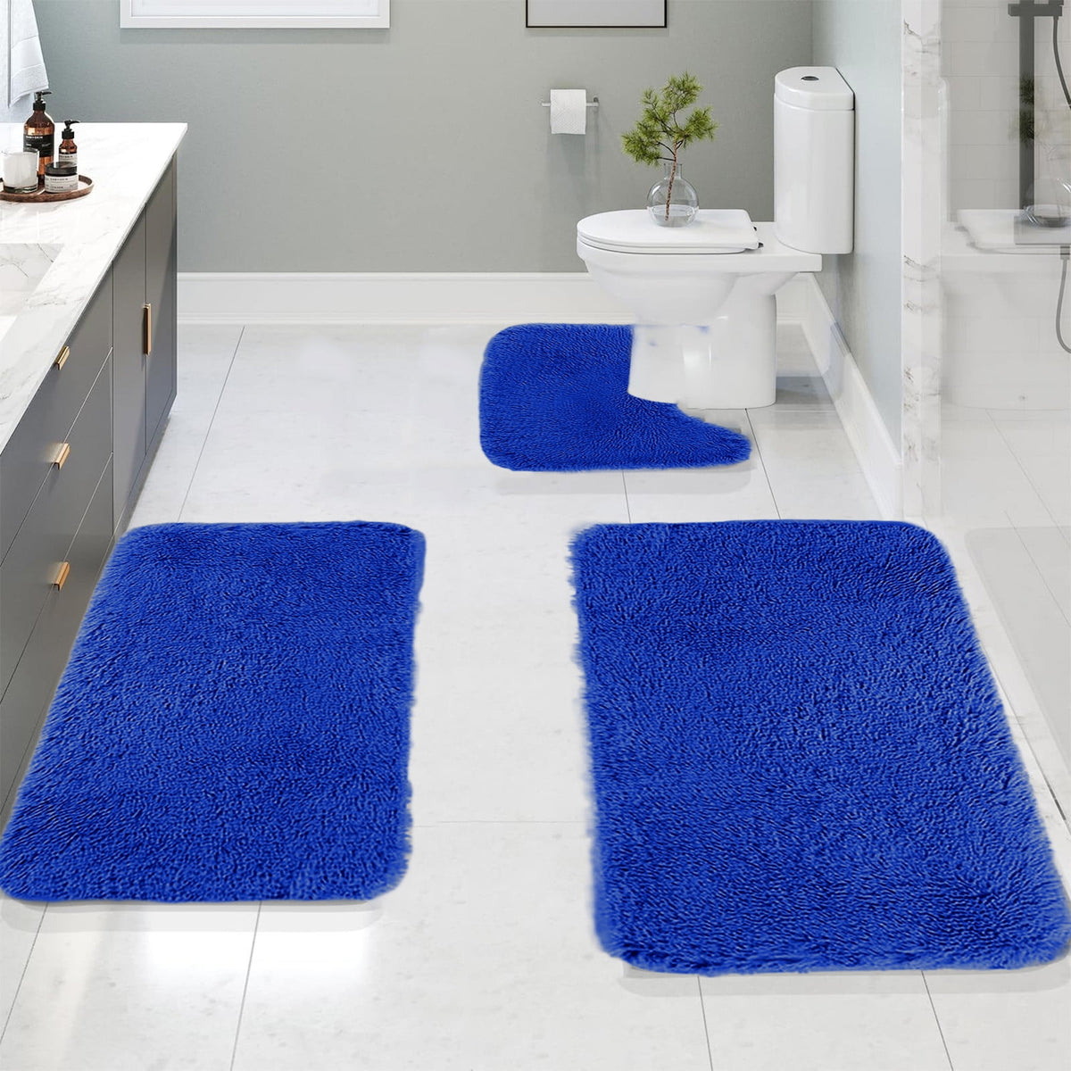 Under $5 Tyidzon Bathroom Rugs Solid Color Bath Mats 3 Set Bath Mats for bathroom Toilet Mats Universal Soft Comfortable Water Absorption Non-Slip Thick Machine Washable Easier to Dry Blue