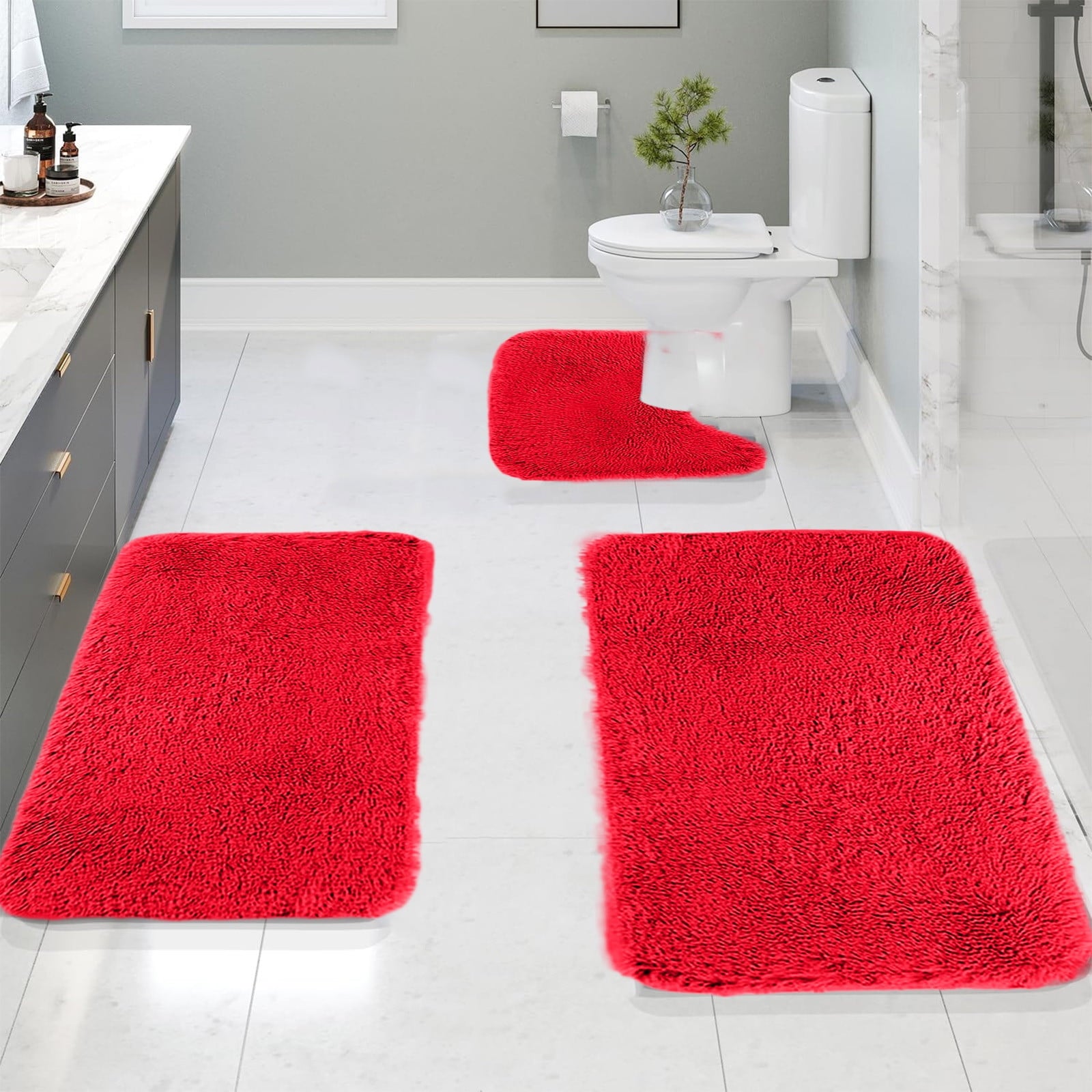 Under $5 Tyidzon Bathroom Rugs Solid Color Bath Mats 3 Set Bath Mats for bathroom Toilet Mats Universal Soft Comfortable Water Absorption Non-Slip Thick Machine Washable Easier to Dry Red