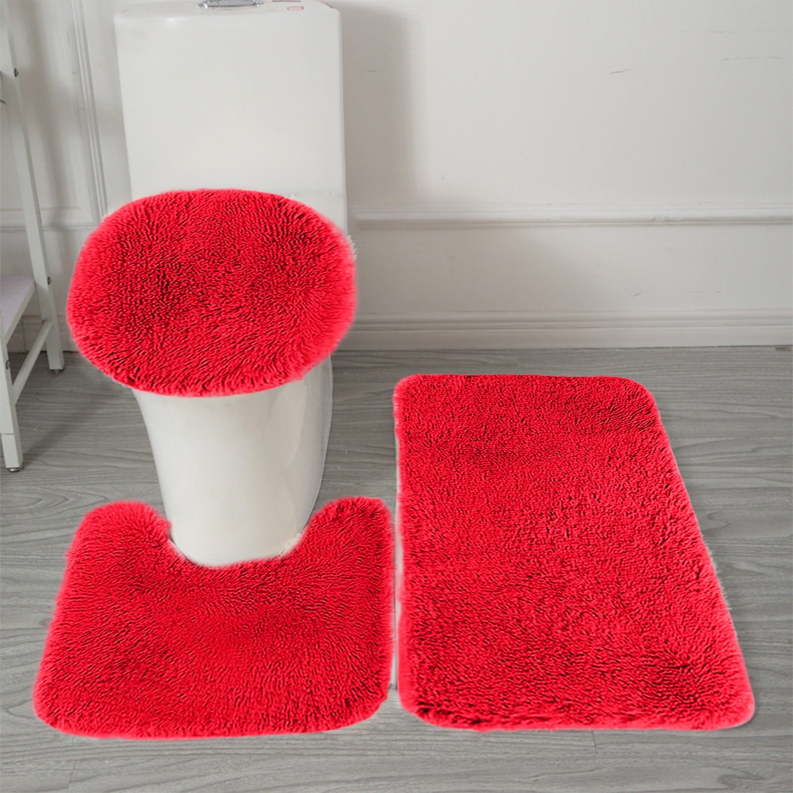 Under $5 Tyidzon Bathroom Rugs Solid Color Bath Mats 3 Set Bath Mats for bathroom Toilet Mats Universal Soft Comfortable Water Absorption Non-Slip Thick Machine Washable Easier to Dry Red 1