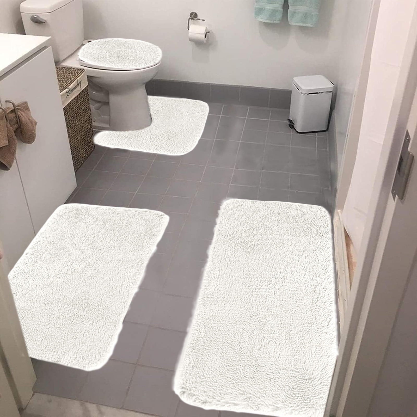 Under $5 Tyidzon Bathroom Rugs Solid Color Bath Mats 3 Set Bath Mats for bathroom Toilet Mats Universal Soft Comfortable Water Absorption Non-Slip Thick Machine Washable Easier to Dry White 2