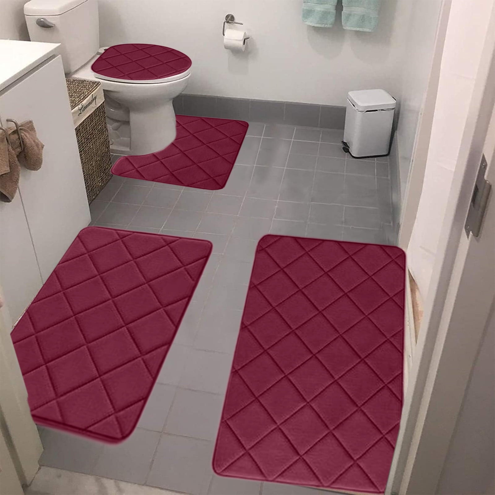 Clearance Tyidzon Bathroom Rugs 4 Piece Ultra Soft & Non-Slip Memory Foam Bath Mats for Bathroom, Absorbent Quick-Drying Bath Mats for Shower Bathroom Floor Rugs Red