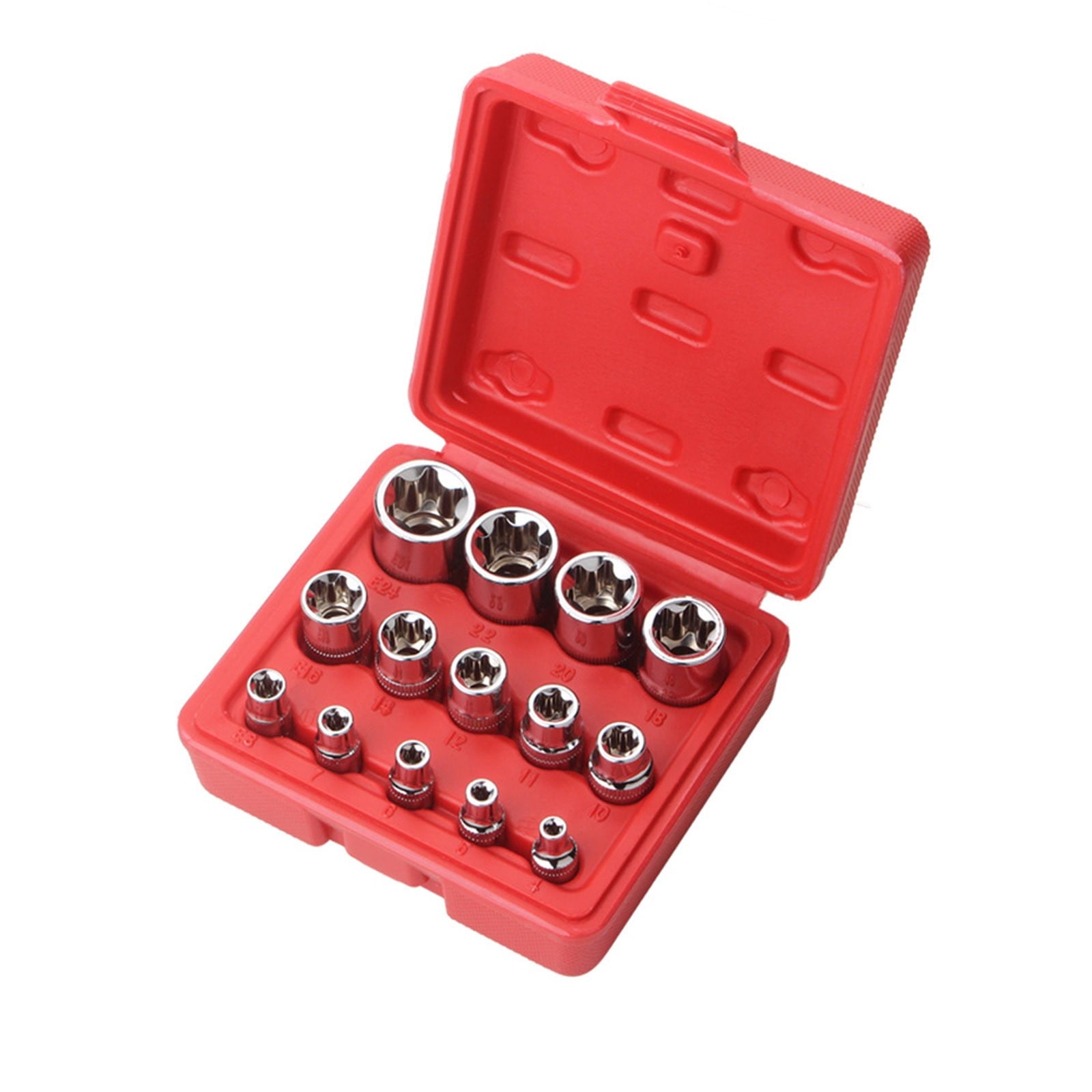 14-Piece Set E-Type 6-Flower Socket Head JWDX, 1x14-Piece Set E-Type 6-Flower Socket Head 14 Pieces Female E Torx Star Socket Set with Rail Female External Star Socket Set E4 E24 Torque Socket Set One Size Red