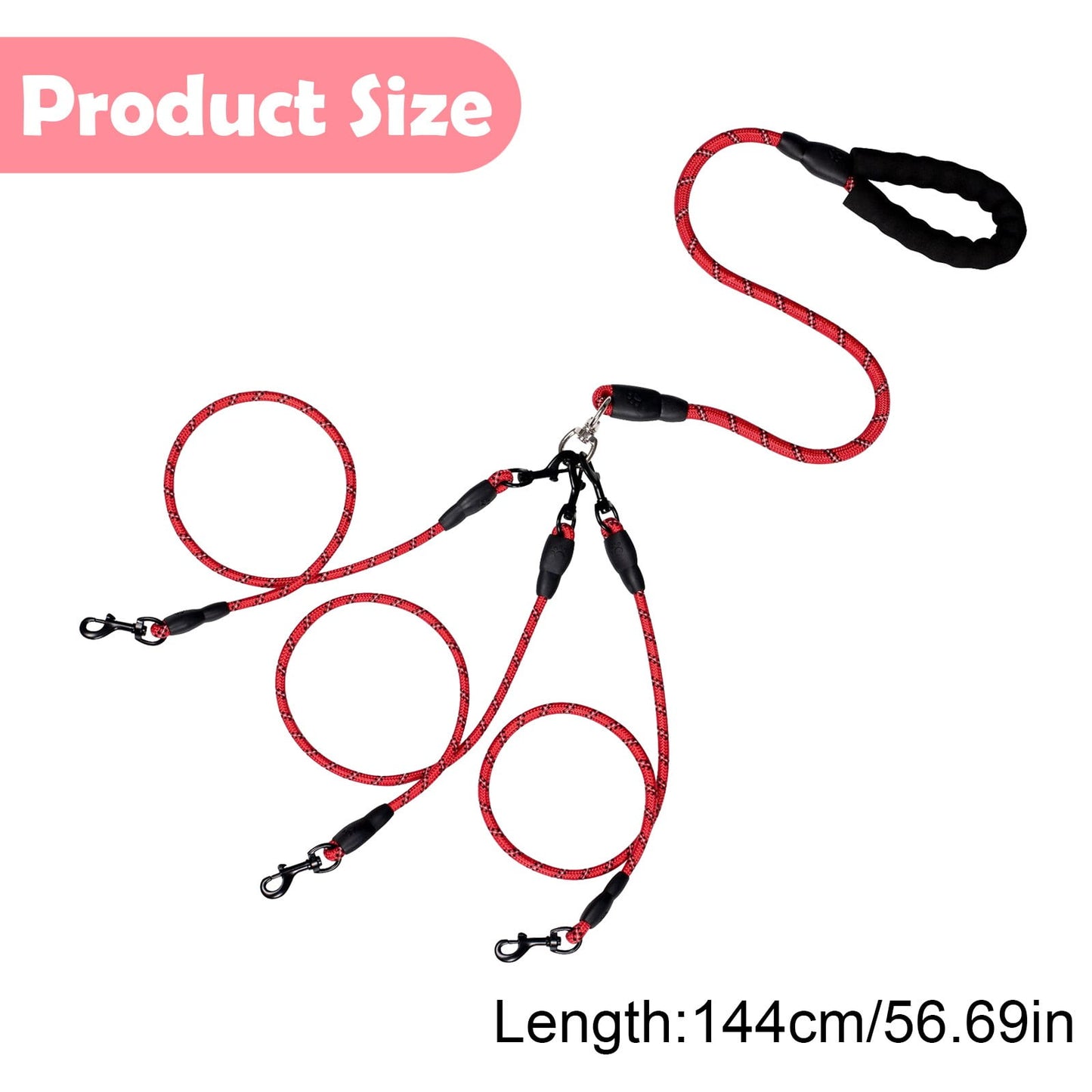 LGCASL 3 Dog Leash No Tangle, Heavy Duty Multiple Dog Lead Shock Absorbing Bungee, Triple Bungee Leash, Reflective Dog Leash Free Multi Pet Walking Rope with Detachable, Black Yellow