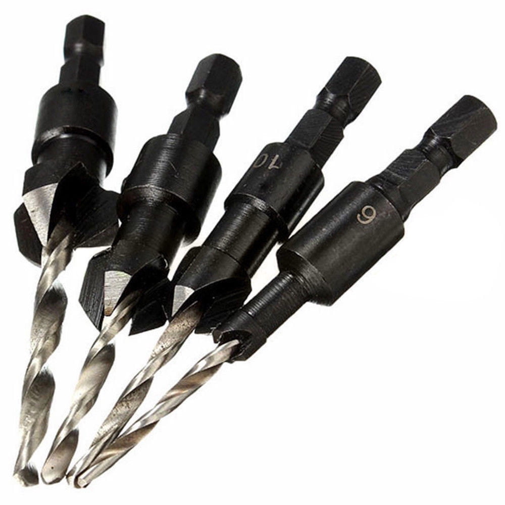 JWDX Drill Bit Clearance! 1/4" Quick Change Hex Shank Countersunk Drill Bit with Wrench 4 Pieces, Shank 1/4 Drill with Hex Quick Inch Countersink 4Pcs Change Bit Tools and Home Improvement Black