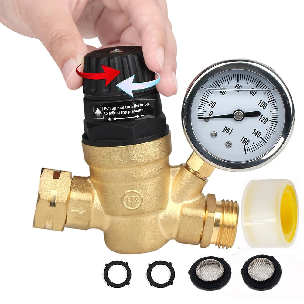 3/4In Water Pressure Regulator with Pressure Gauge For Camper Garden Hose Traile