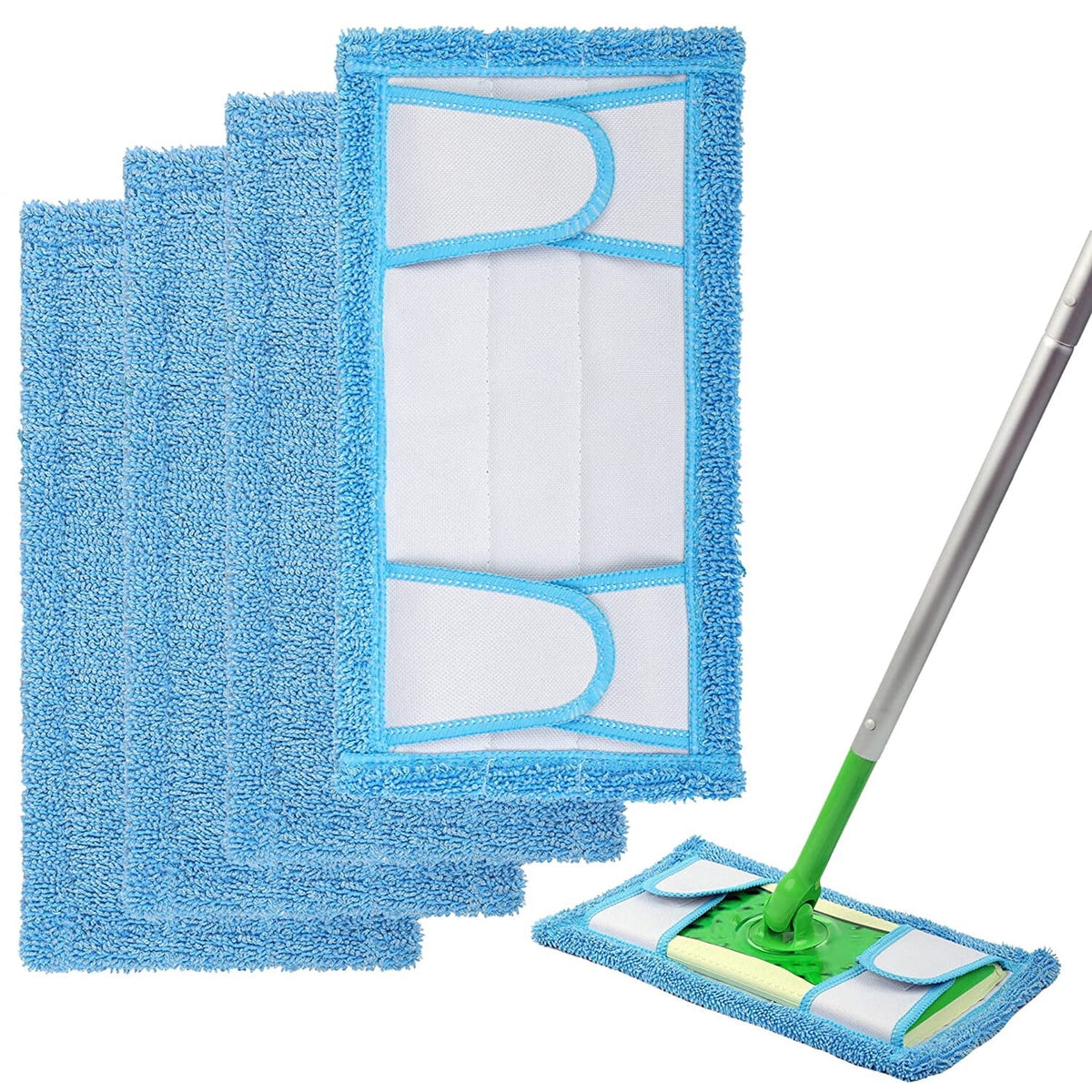 Reusable Microfiber Mop Pads for Swwiffer Sweper & All 10-12 Inch Flat Mop, Upgraded Wet Dry Cleaning Pads for All Hard-Floor, Reusable & Washable Sweeper Refills (4 Pack) Blue