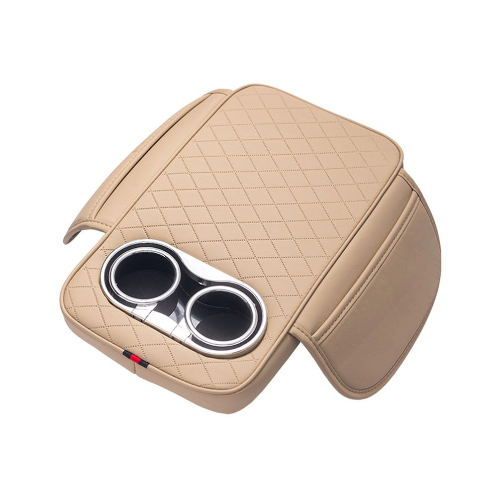 Car Armrest Cushion With 2 Cup Holder And Side Pocket Pu Leather Beige