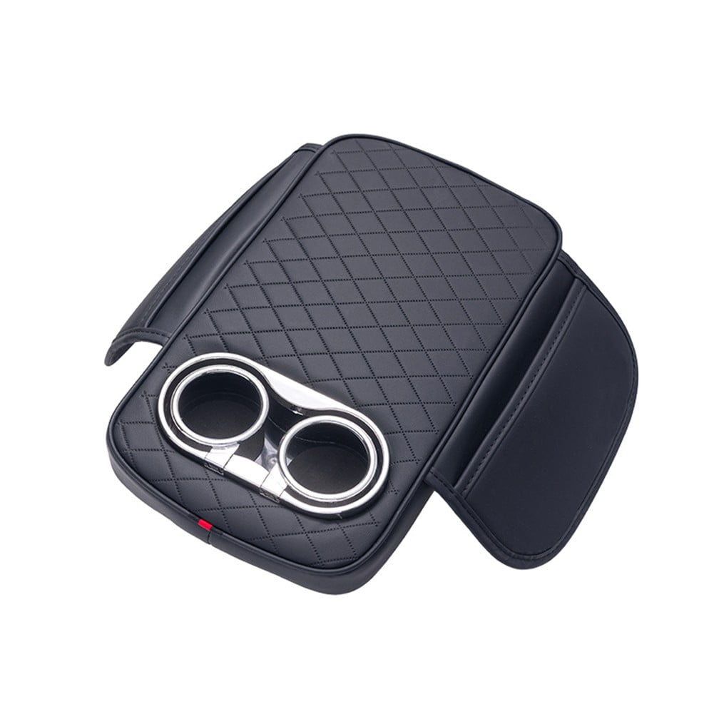 Car Armrest Cushion With 2 Cup Holder And Side Pocket Pu Leather Black