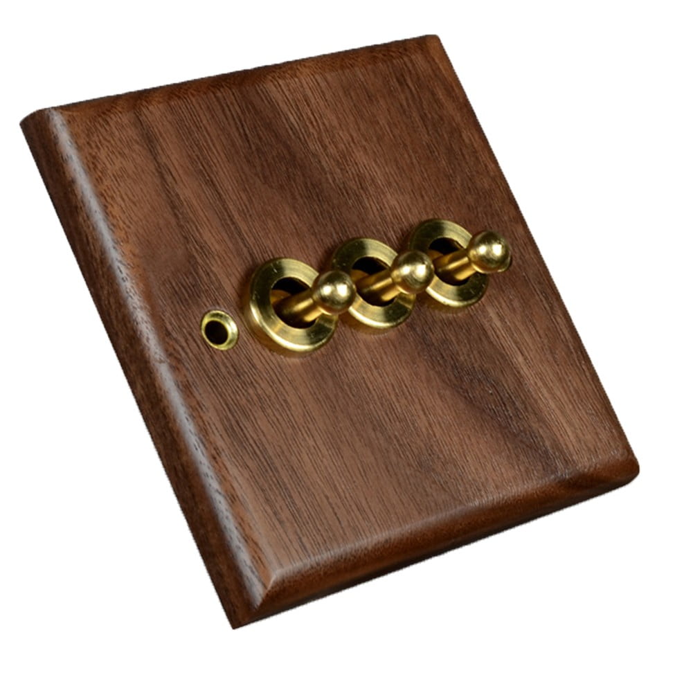 Toggle Light Rocker Switch 1/2 Way Retro Walnut Wood Plate Brass Lever 1 Gang Smile Home 3 Gang