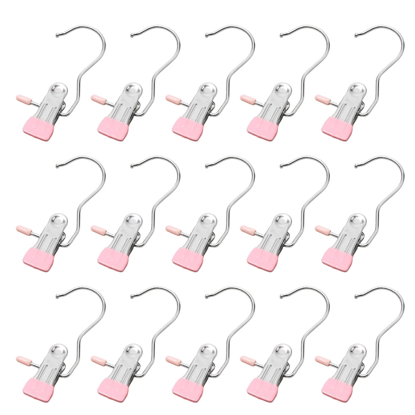 Clothes Pins, 15 Pack Hanger Hooks, Stainless Steel Laundry Clips, Travel Hangers, Towel Clips, Legging Organizer for Closet Hanging, Space Saving Hanger Clips for Pants, Jeans, Hats, Boot Silver