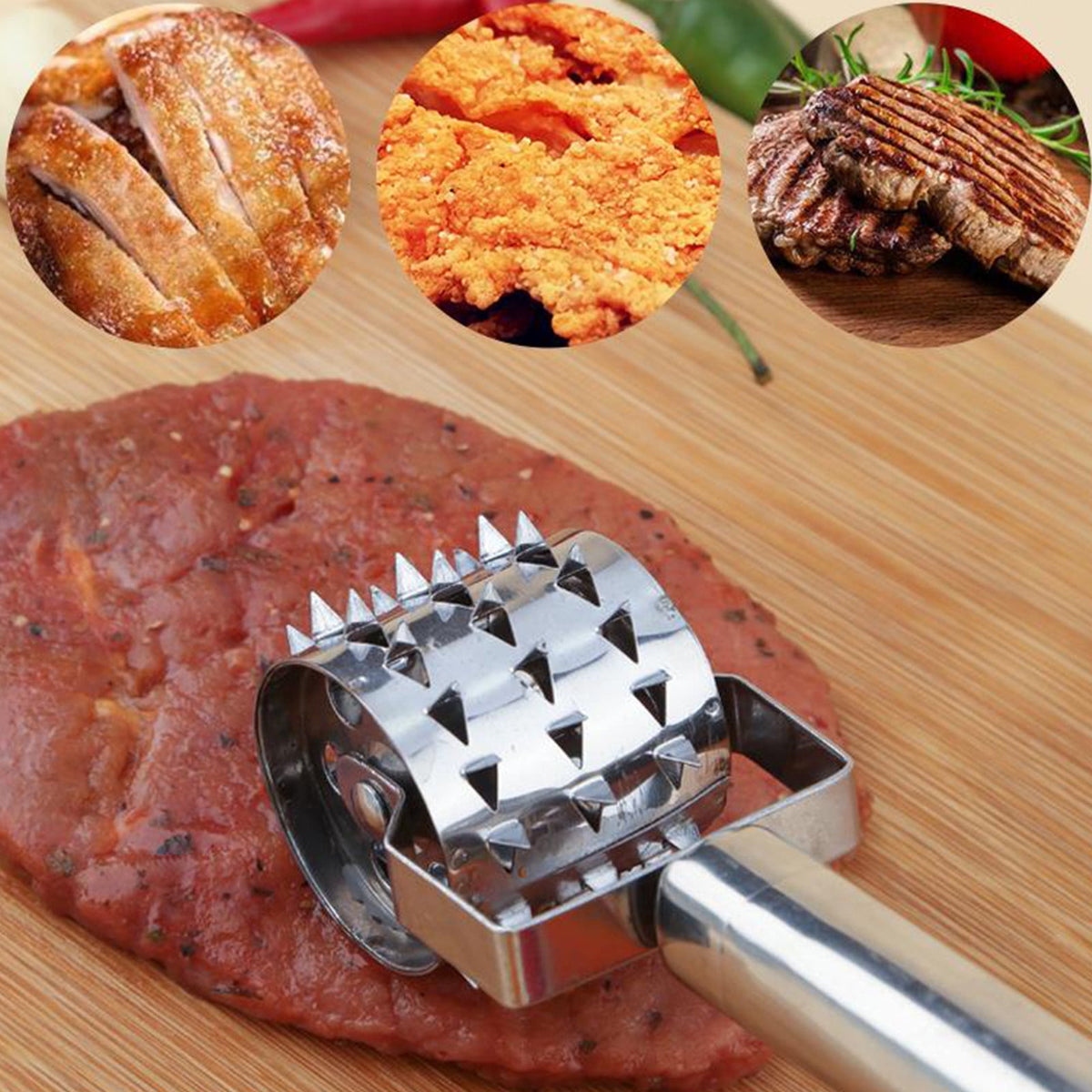 Meat Tenderizer- Stainless Steel Meat Tenderizer Roller Rolling Hammer-Pizza Roll Meat Needle Pin Hole Punch for Steak Chicken Pork Beef
